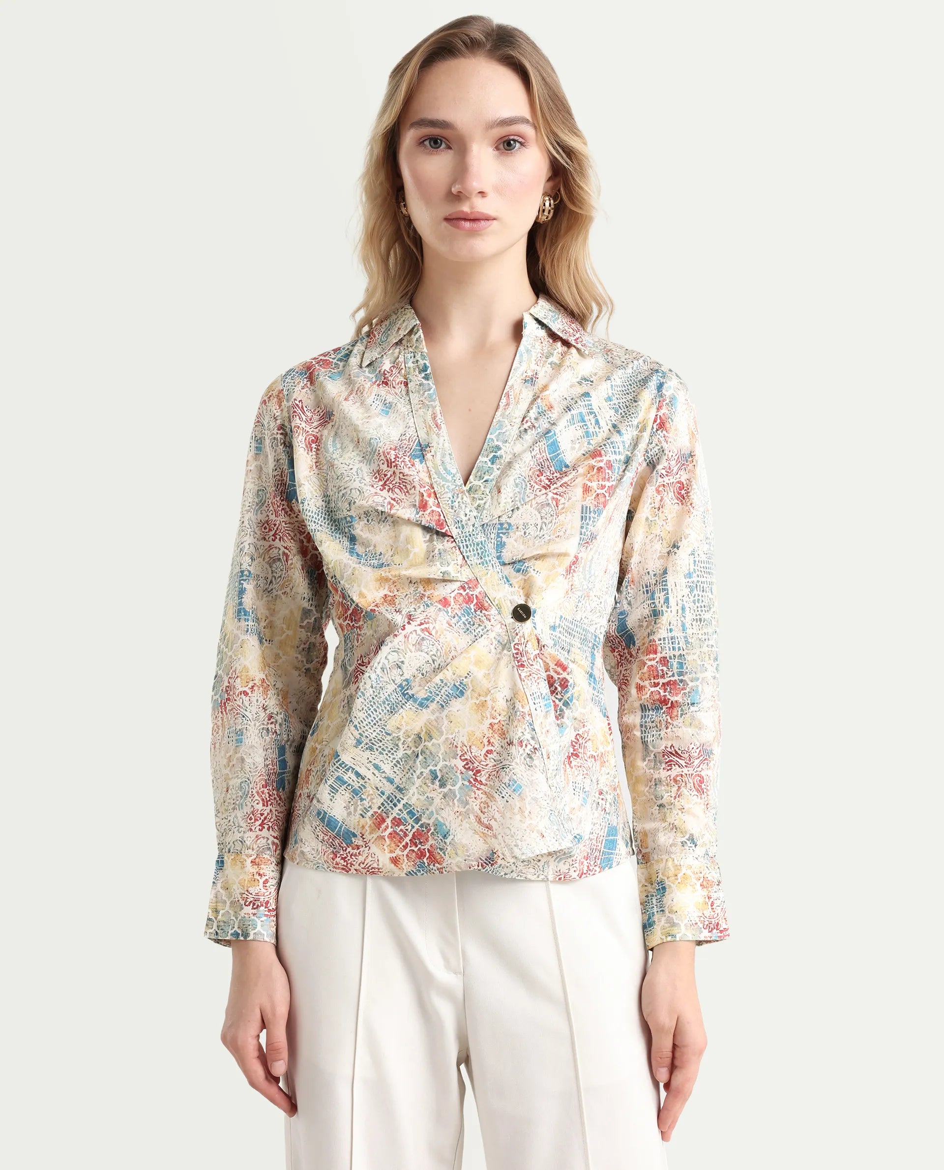 Rareism Women's Foggia Light Multi Cotton Blend Johnny Collar Abstract Print Regular Fit Top