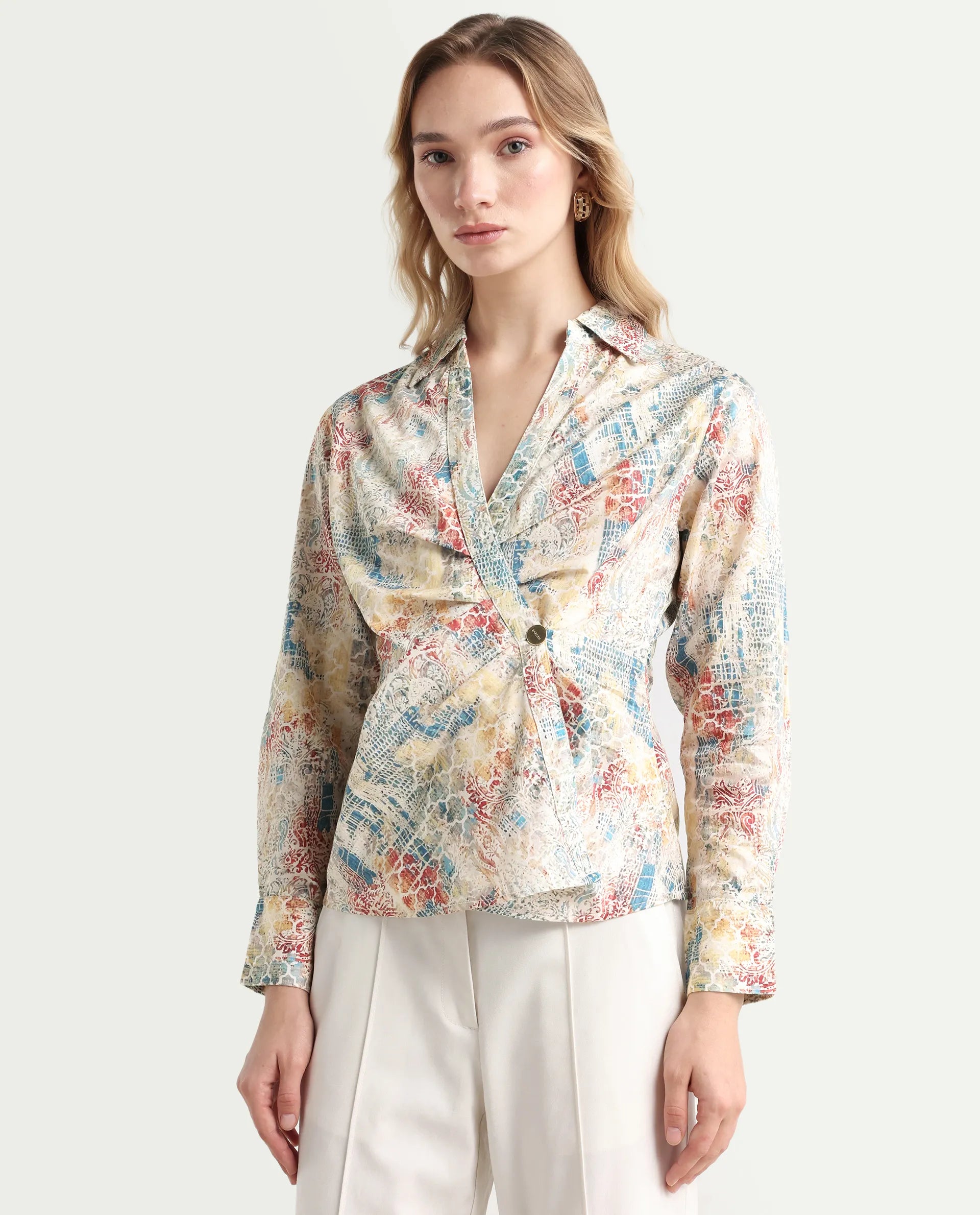 Rareism Women's Foggia Light Multi Cotton Blend Johnny Collar Abstract Print Regular Fit Top