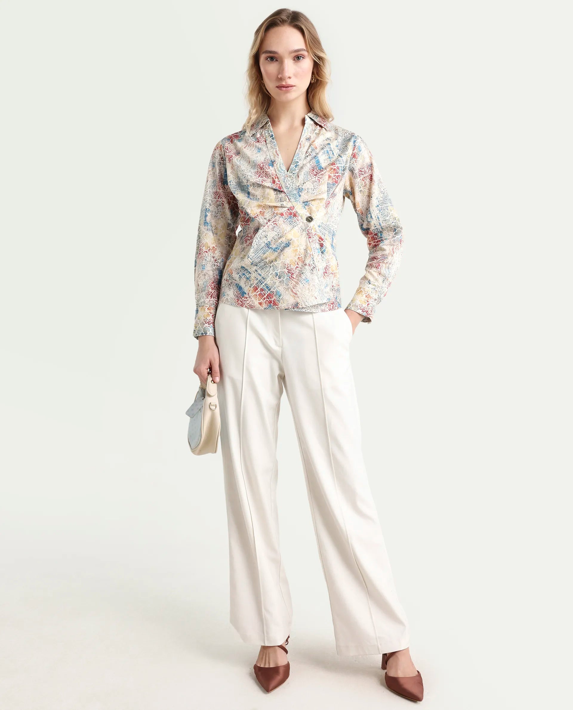 Rareism Women's Foggia Light Multi Cotton Blend Johnny Collar Abstract Print Regular Fit Top