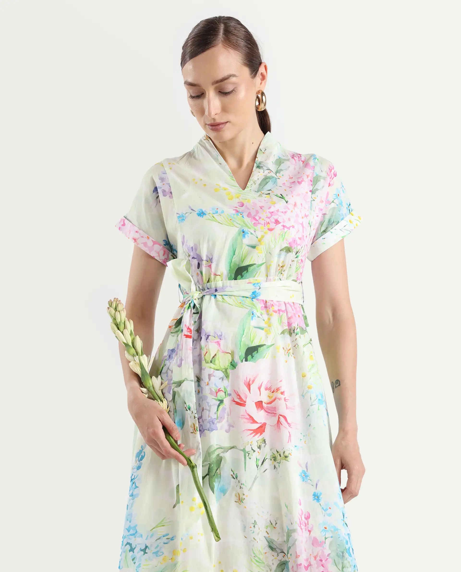 Rareism Women's Fona Multi Cotton V-Neck Floral Print Extended Sleeves Midi A-Line Dress