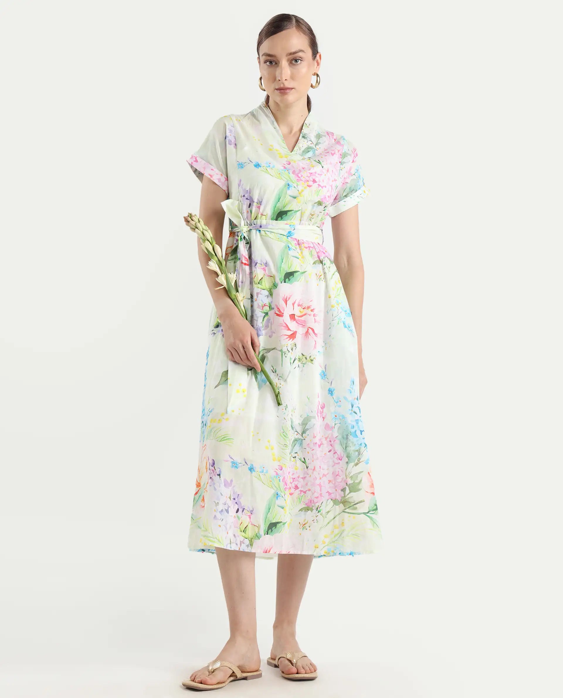 Rareism Women's Fona Multi Cotton V-Neck Floral Print Extended Sleeves Midi A-Line Dress