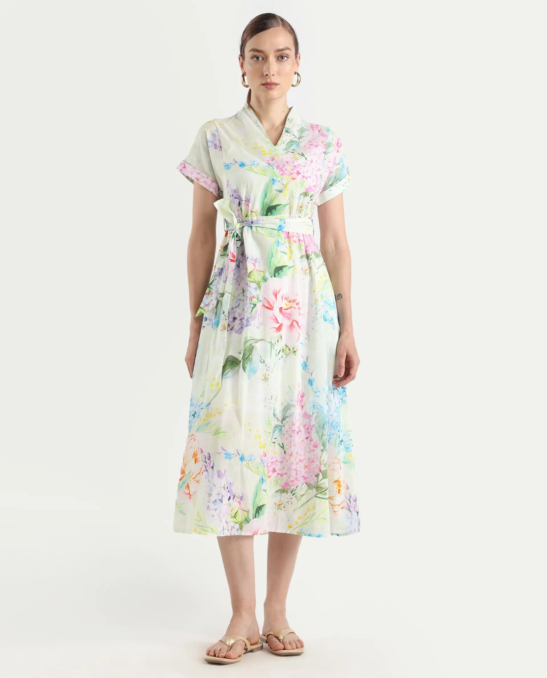 Rareism Women's Fona Multi Cotton V-Neck Floral Print Extended Sleeves Midi A-Line Dress