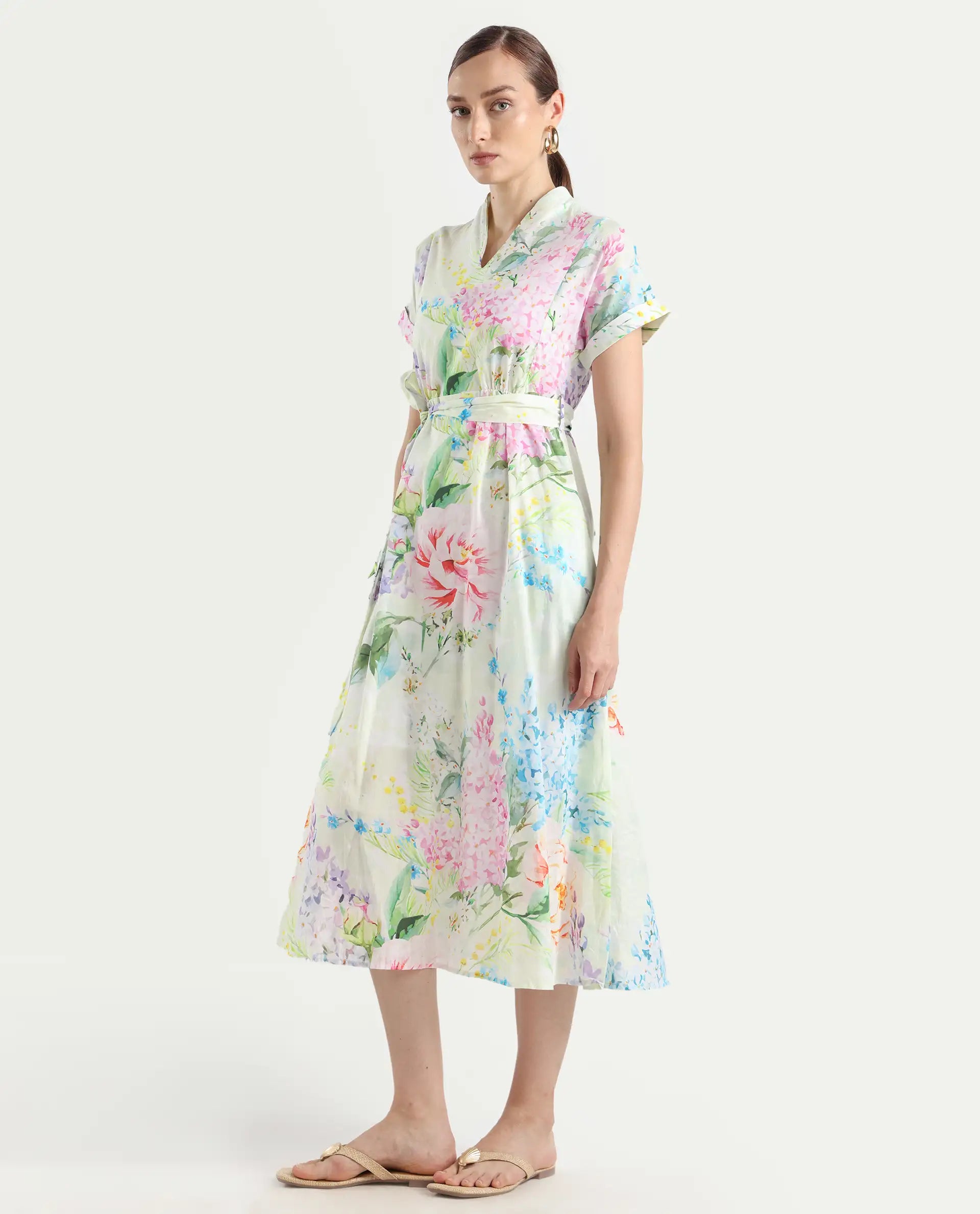 Rareism Women's Fona Multi Cotton V-Neck Floral Print Extended Sleeves Midi A-Line Dress