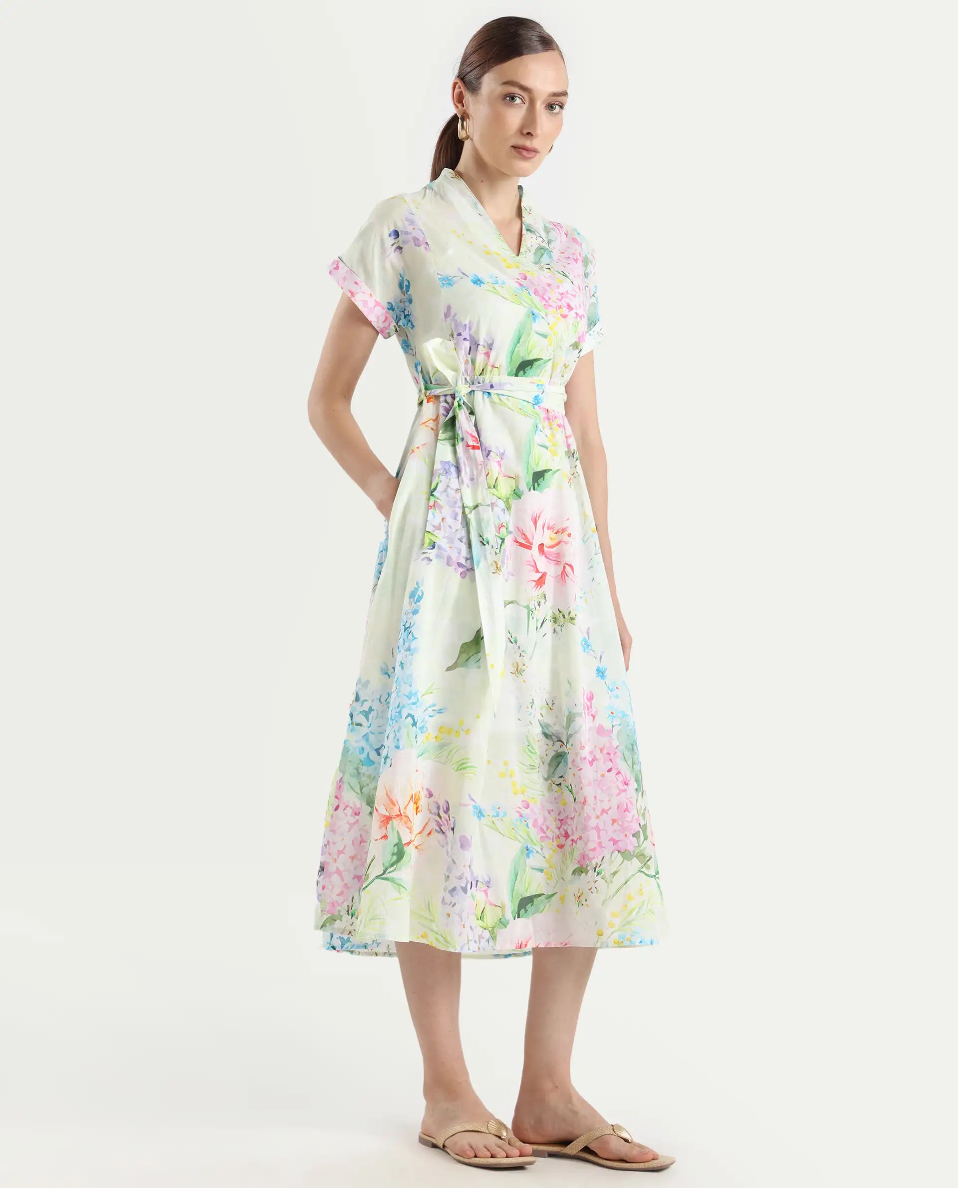 Rareism Women's Fona Multi Cotton V-Neck Floral Print Extended Sleeves Midi A-Line Dress