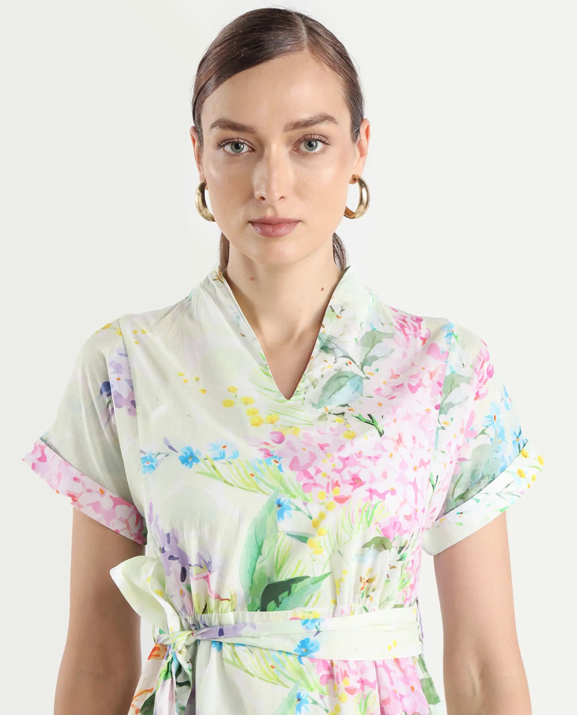 Rareism Women's Fona Multi Cotton V-Neck Floral Print Extended Sleeves Midi A-Line Dress