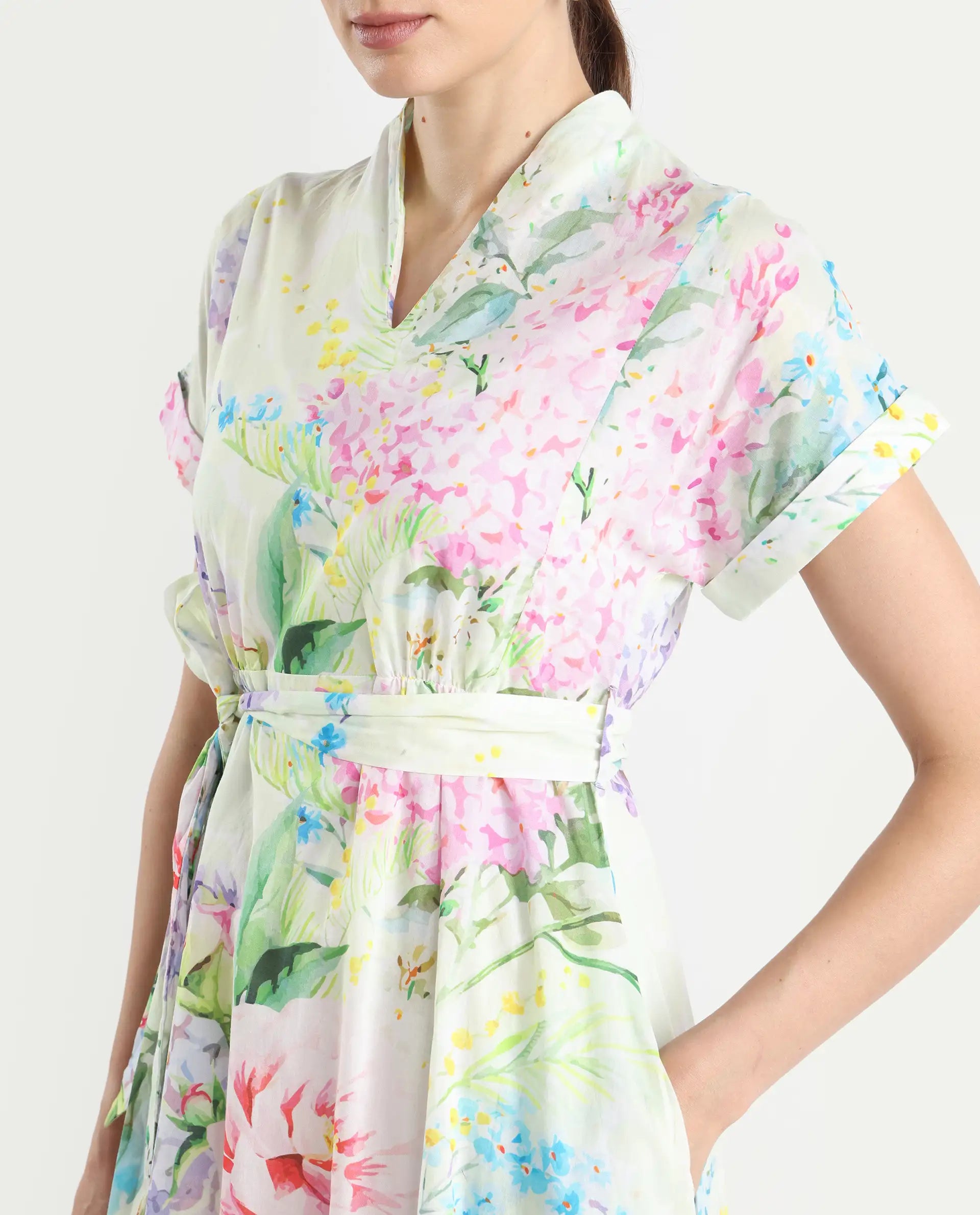 Rareism Women's Fona Multi Cotton V-Neck Floral Print Extended Sleeves Midi A-Line Dress