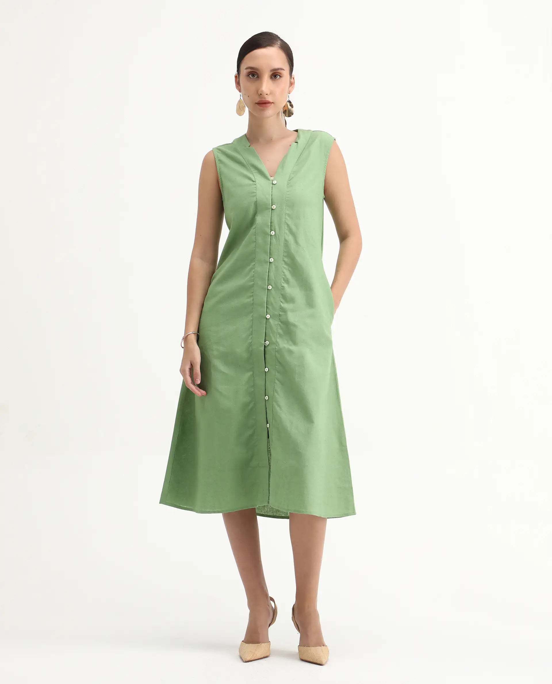 Rareism Women's Foream Pastel Green Linen Blend V-Neck Plain Sleeveless Midi A-Line Dress