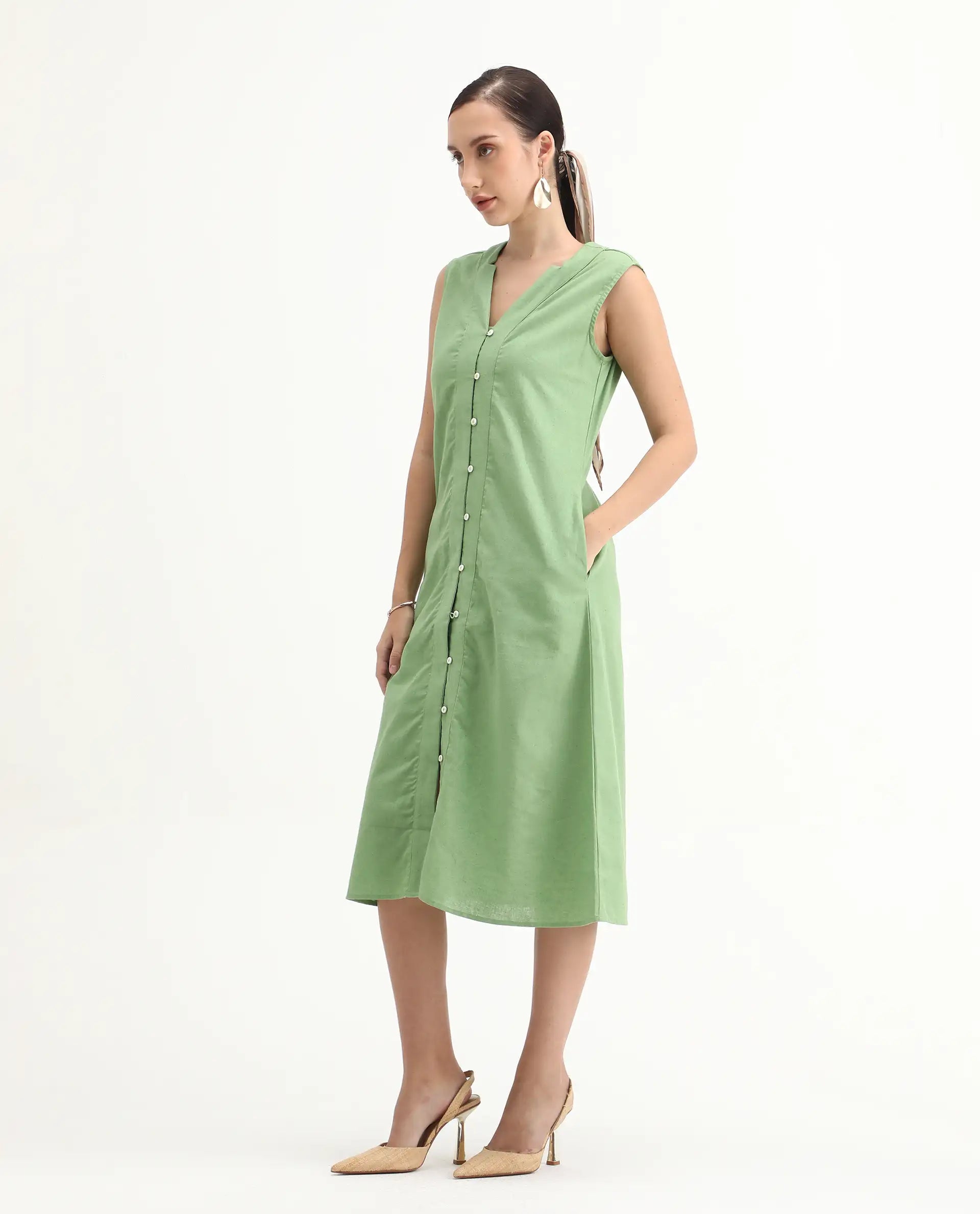 Rareism Women's Foream Pastel Green Linen Blend V-Neck Plain Sleeveless Midi A-Line Dress