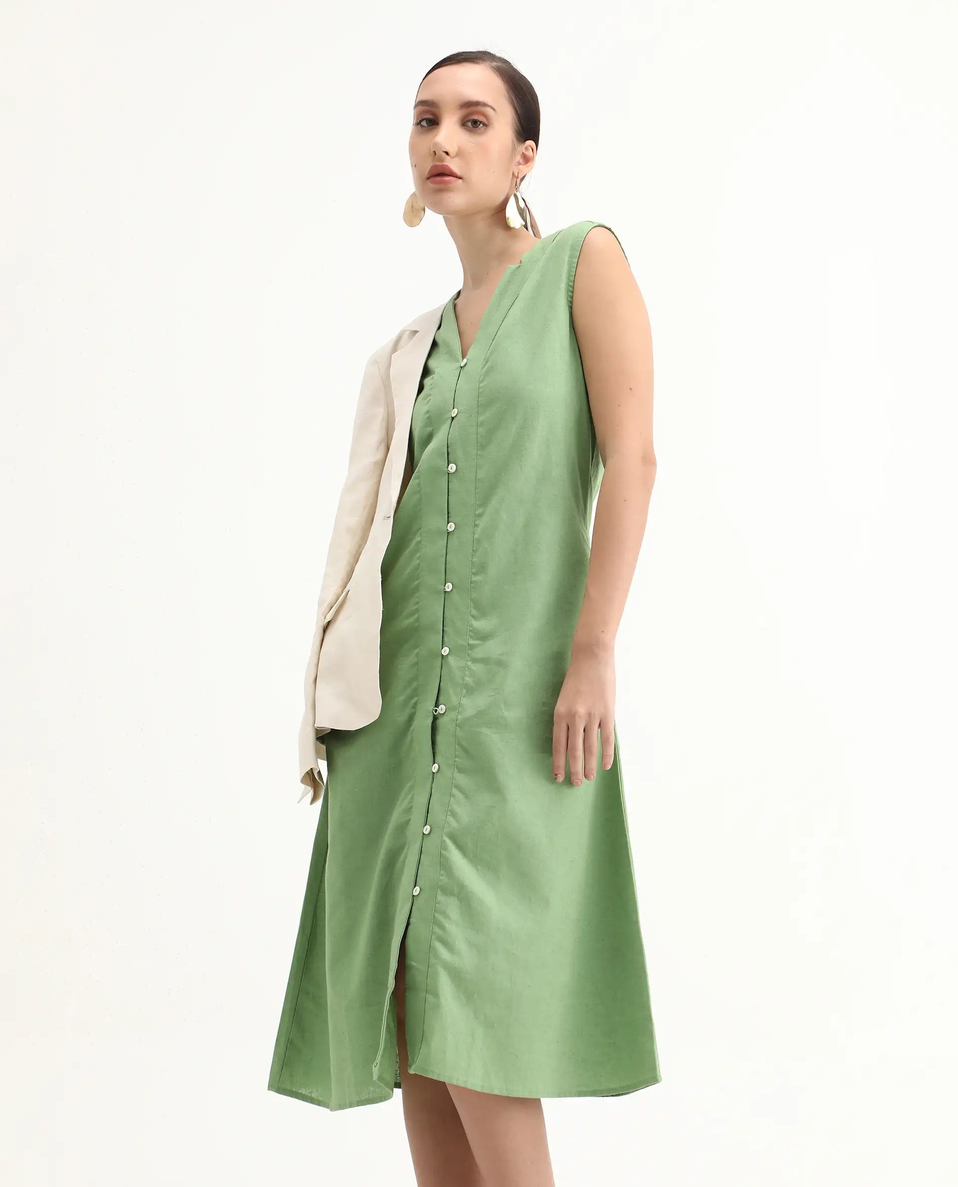 Rareism Women's Foream Pastel Green Linen Blend V-Neck Plain Sleeveless Midi A-Line Dress