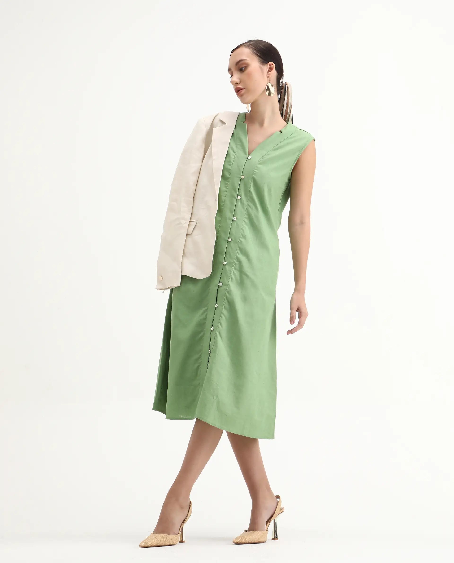 Rareism Women's Foream Pastel Green Linen Blend V-Neck Plain Sleeveless Midi A-Line Dress