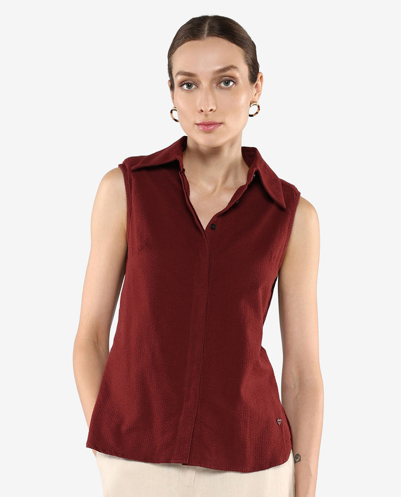 Rareism Women Forli Brown Sleeveless Collared Neck  Plain Shirt