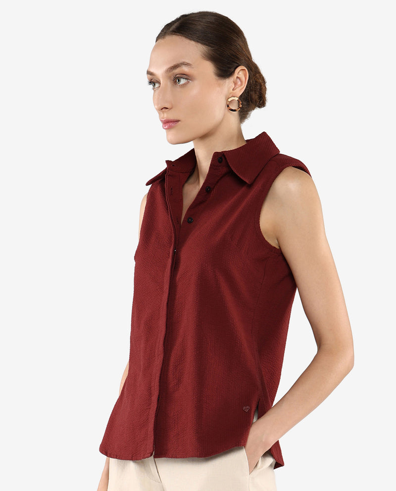 Rareism Women Forli Brown Sleeveless Collared Neck  Plain Shirt