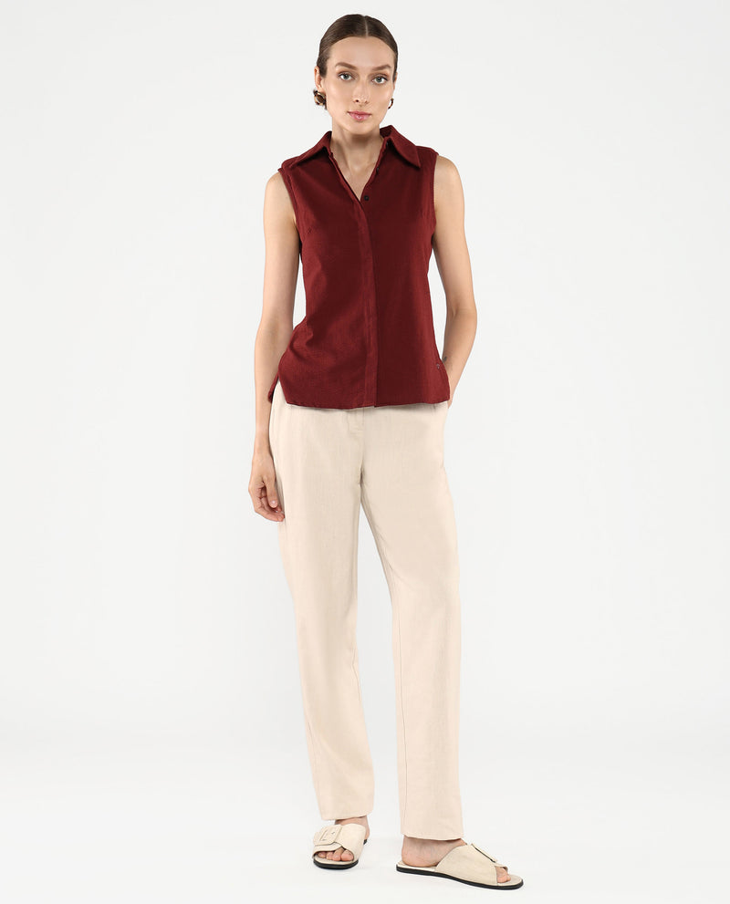 Rareism Women Forli Brown Sleeveless Collared Neck  Plain Shirt