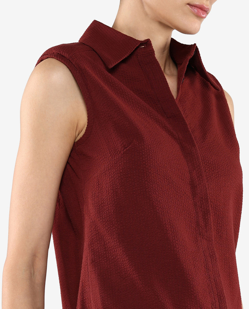 Rareism Women Forli Brown Sleeveless Collared Neck  Plain Shirt