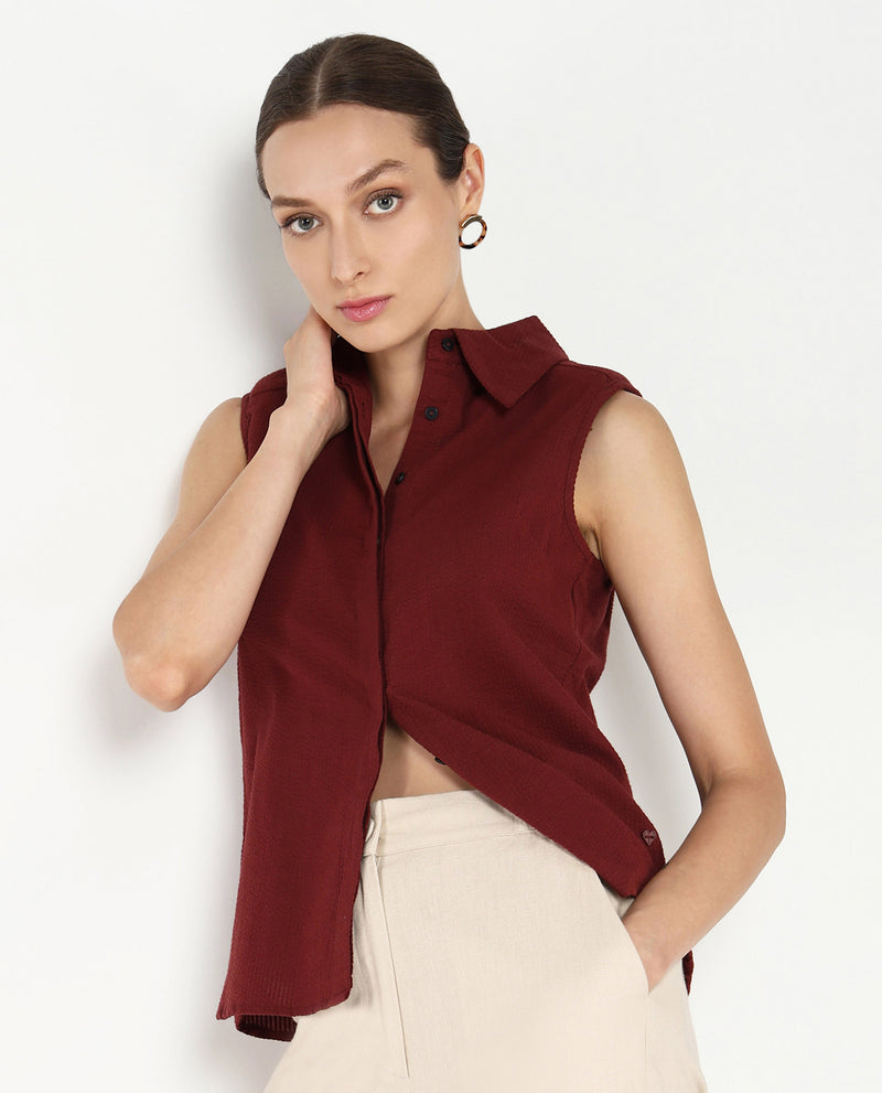 Rareism Women Forli Brown Sleeveless Collared Neck  Plain Shirt