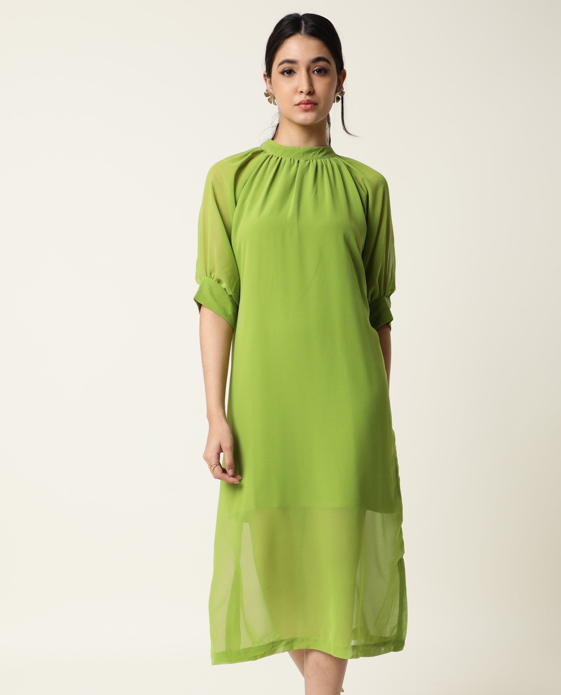 Rareism Women Frag Green High Collared Neck With Gathers Short Sleeves With Cuff Back Button Closure Midi Dress
