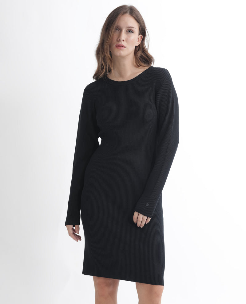 Rareism Women Franccois Black Viscose Fabric Full Sleeves Boat Neck Regular Fit Plain Knee Length Sweater