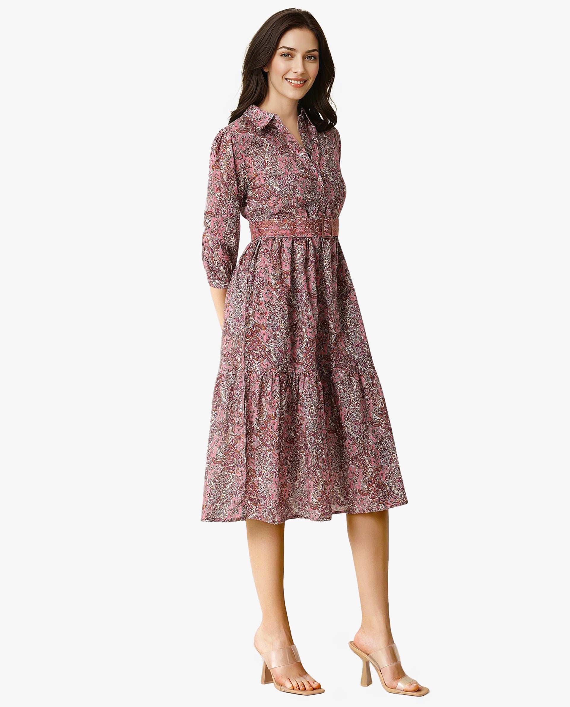 Rareism Women Freesha Pink Shirt Collar 3/4 Sleeves Fabric Waist Belt And Pockets Knee Length Dress