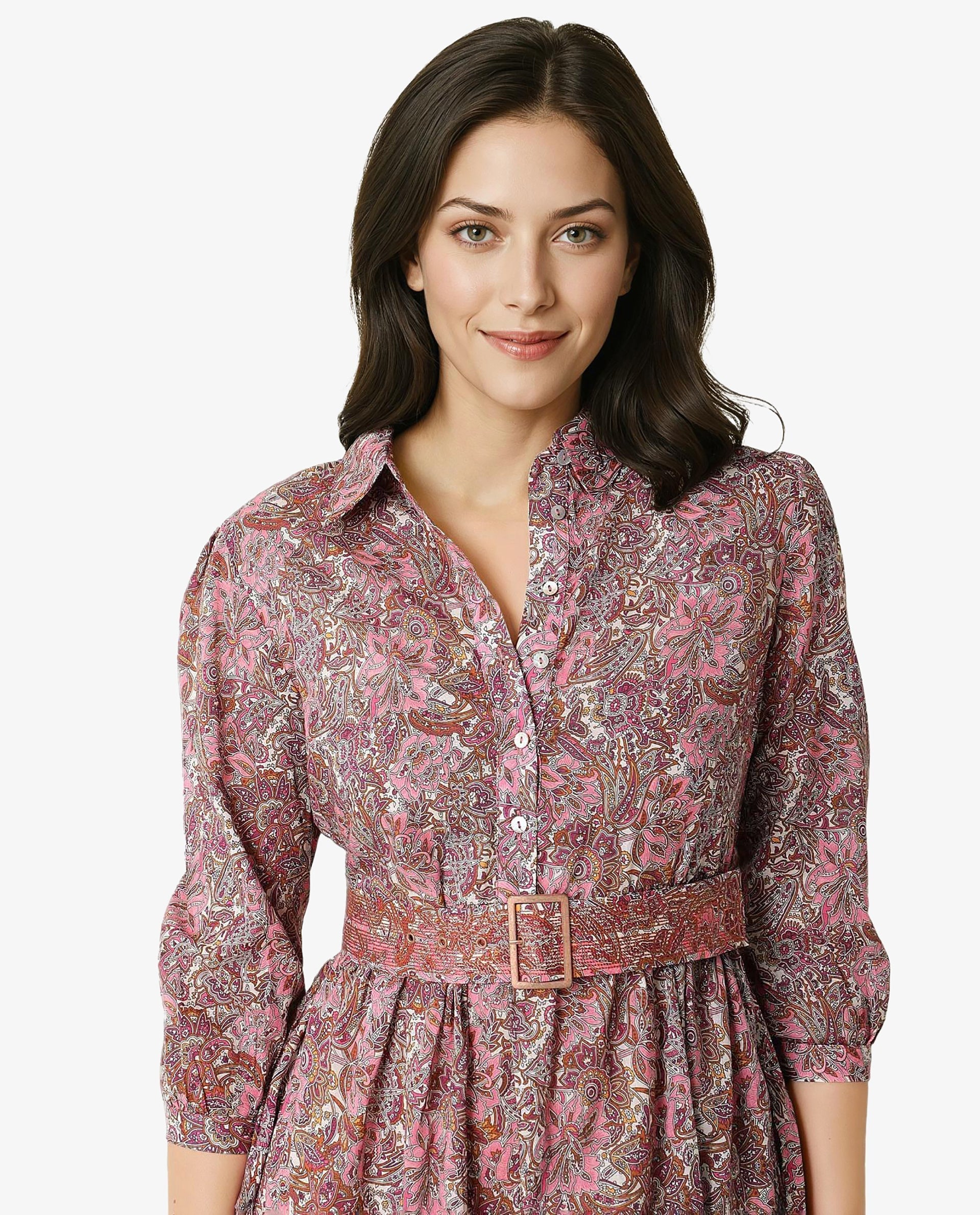 Rareism Women Freesha Pink Shirt Collar 3/4 Sleeves Fabric Waist Belt And Pockets Knee Length Dress