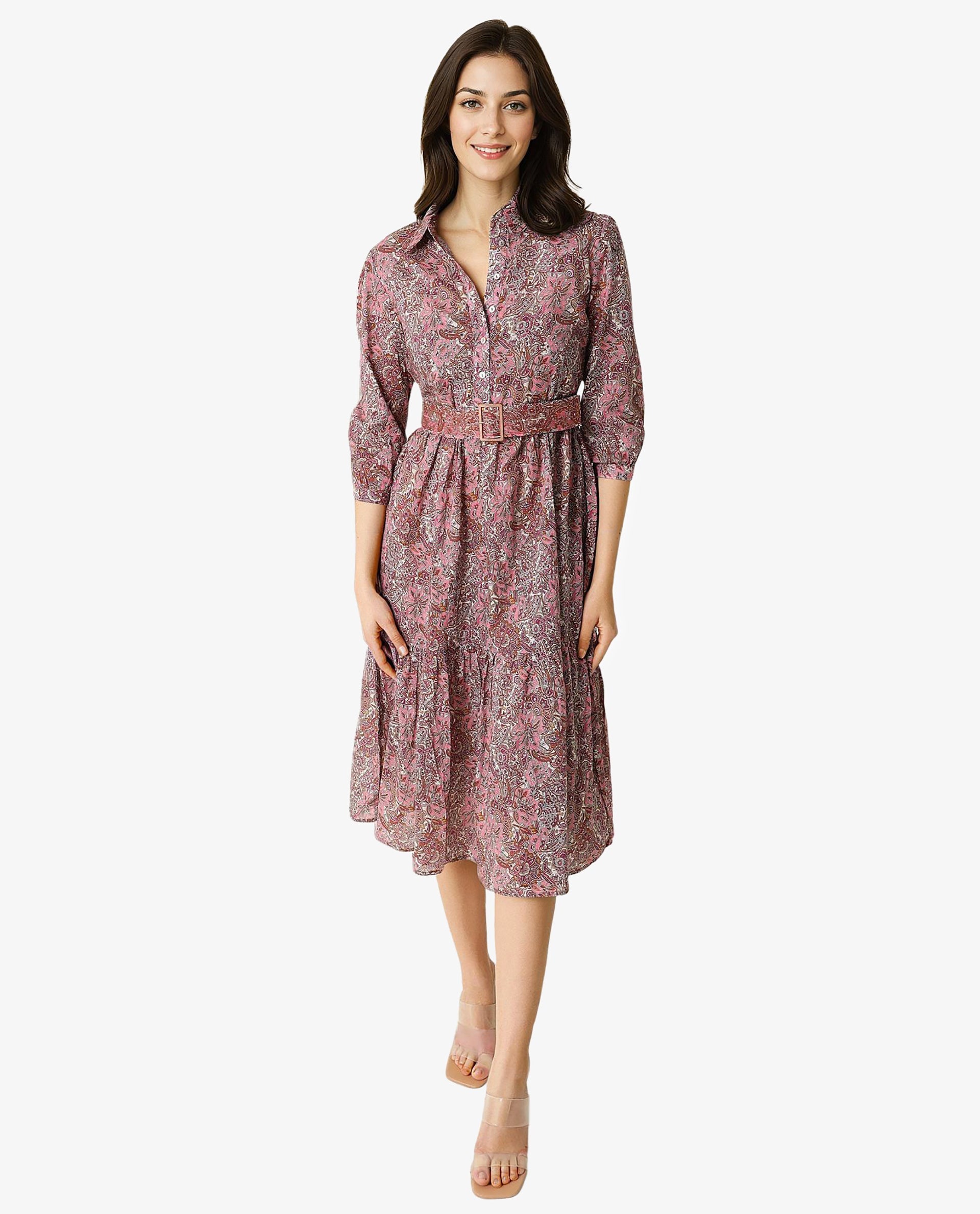 Rareism Women Freesha Pink Shirt Collar 3/4 Sleeves Fabric Waist Belt And Pockets Knee Length Dress