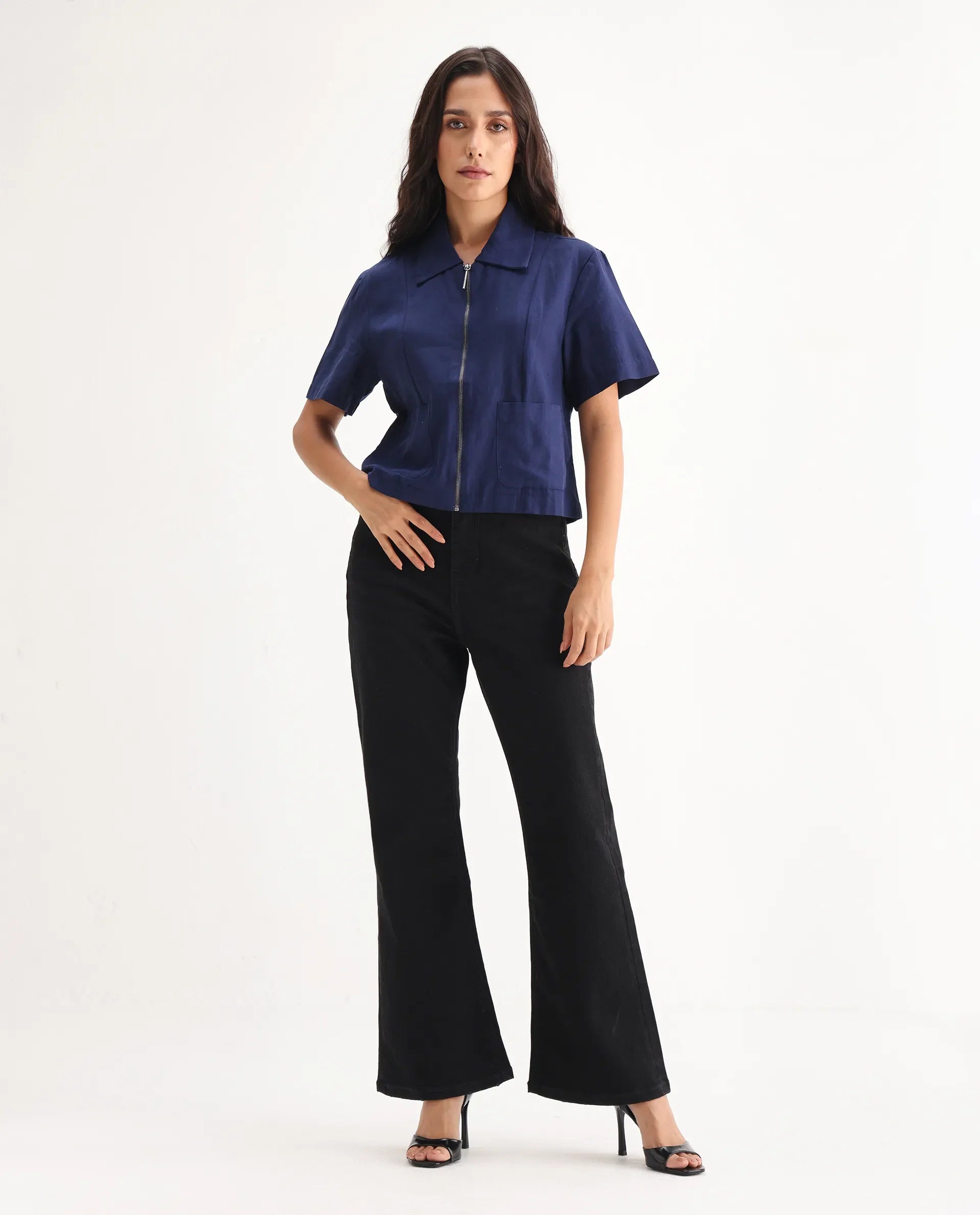 Rareism Women's Frita Black Cotton Blend Plain Ankle Length Effortless Wide Jeans