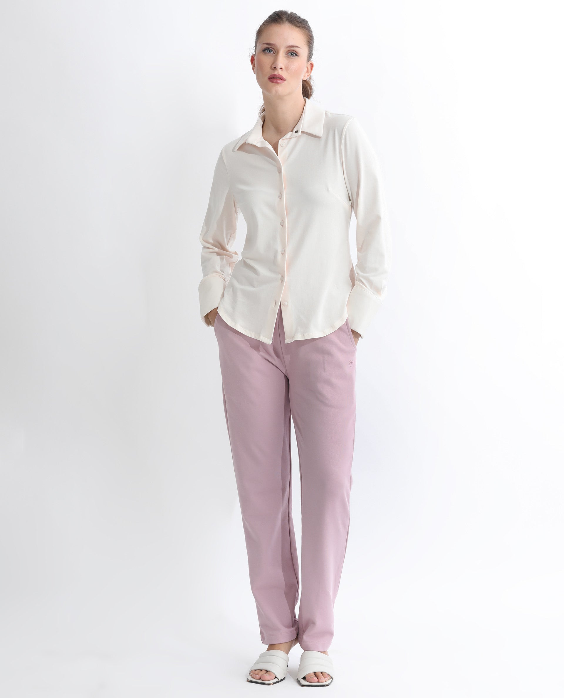 Rareism Women's Fronk Dusky Pink Polyester Blend Plain Ankle Length Tailored Track Pant