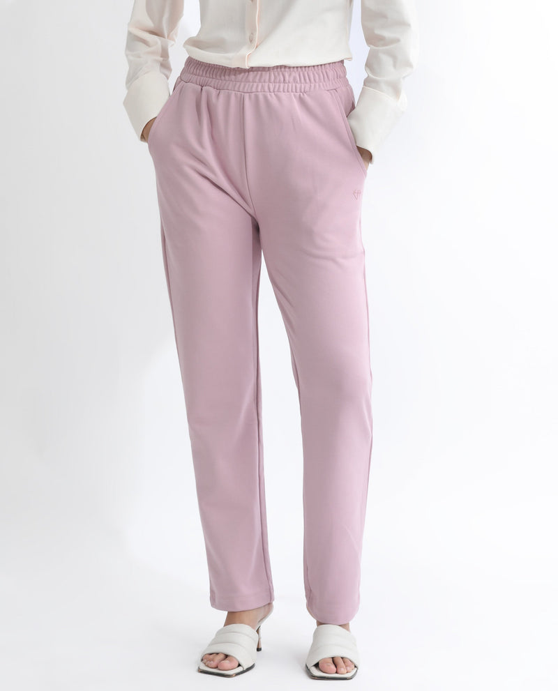 Rareism Women Fronk Dusky Pink Poly Cotton Fabric Tailored Fit Solid Mid Rise Ankle Length Track Pant