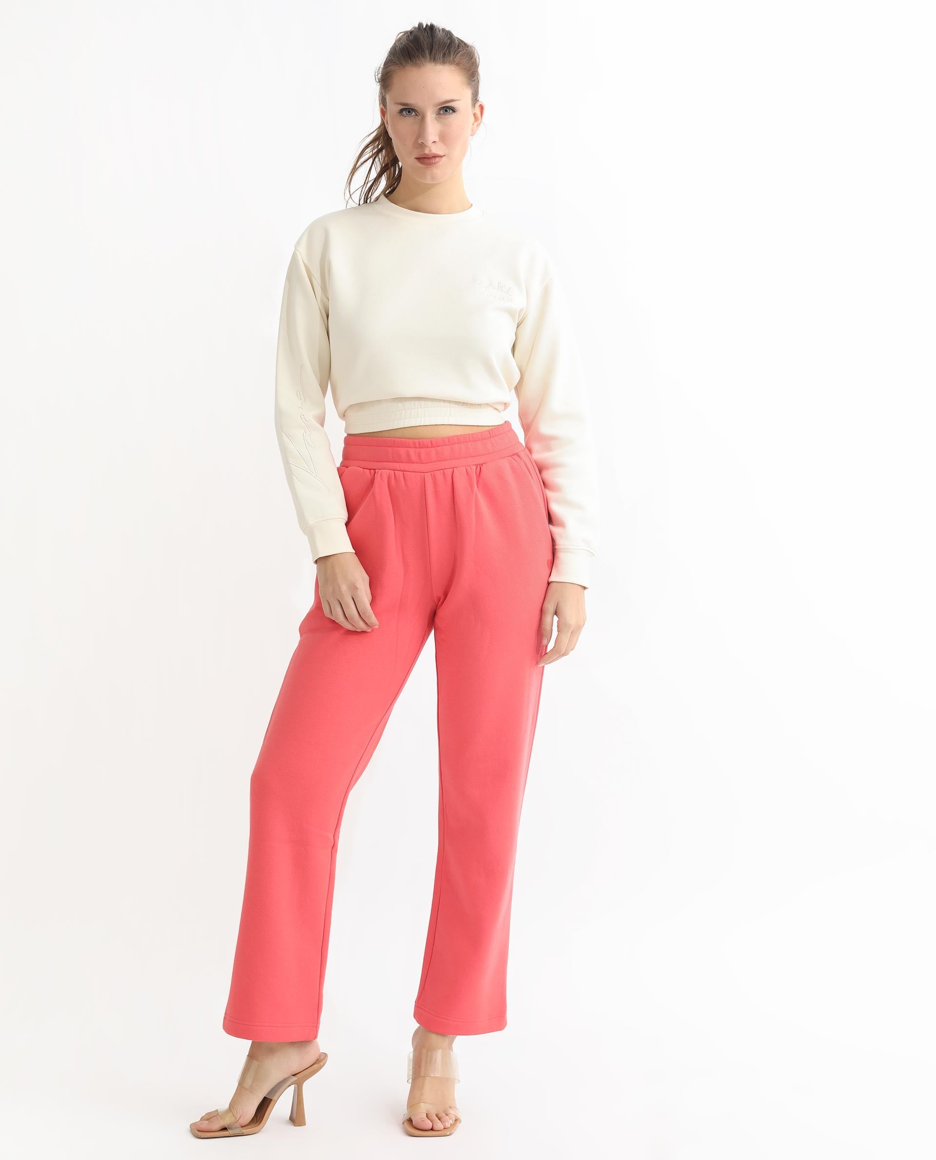 Rareism Women Fronk Orange Poly Cotton Fabric Tailored Fit Solid Mid Rise Ankle Length Track Pant