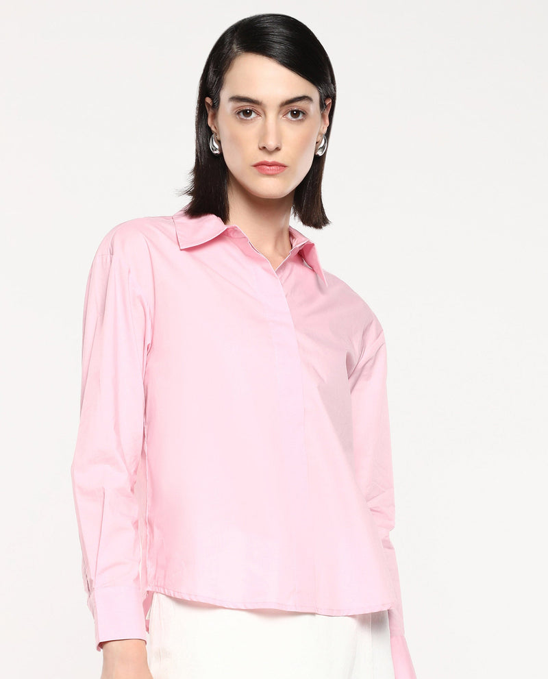 Rareism Women Fuhu Pink 60'S Poplin Fabric Cuffed Sleeve Collared Neck Button Closure Plain Shirt