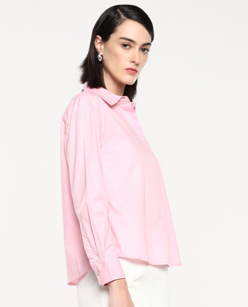 Rareism Women Fuhu Pink 60'S Poplin Fabric Cuffed Sleeve Collared Neck Button Closure Plain Shirt