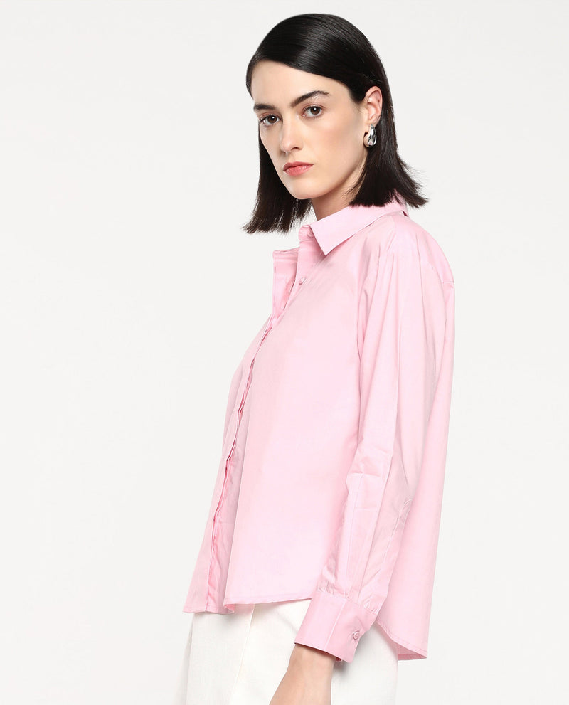 Rareism Women Fuhu Pink 60'S Poplin Fabric Cuffed Sleeve Collared Neck Button Closure Plain Shirt