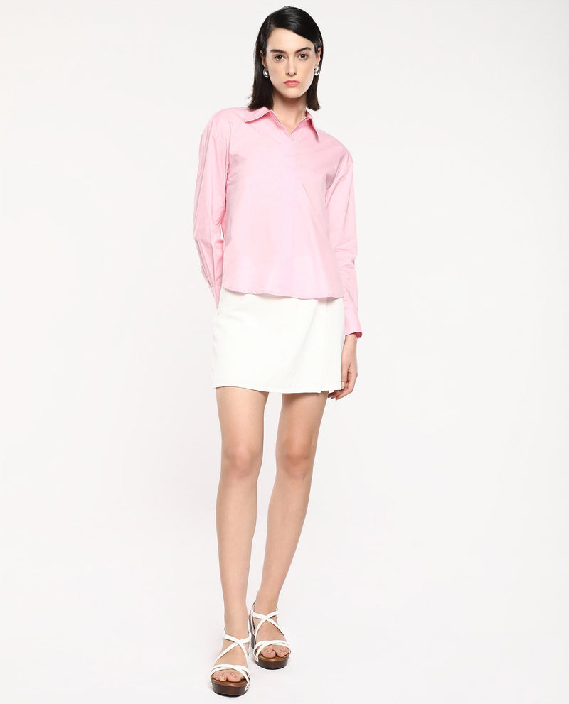 Rareism Women Fuhu Pink 60'S Poplin Fabric Cuffed Sleeve Collared Neck Button Closure Plain Shirt