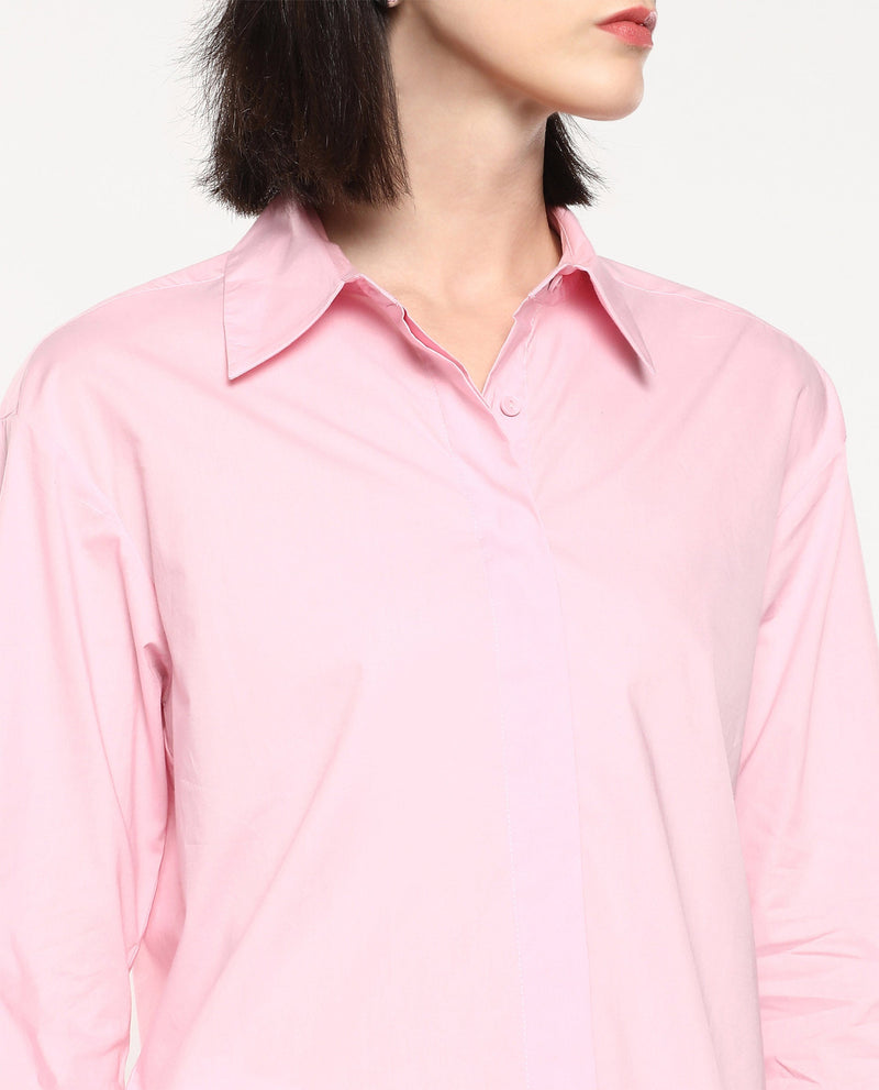 Rareism Women Fuhu Pink 60'S Poplin Fabric Cuffed Sleeve Collared Neck Button Closure Plain Shirt