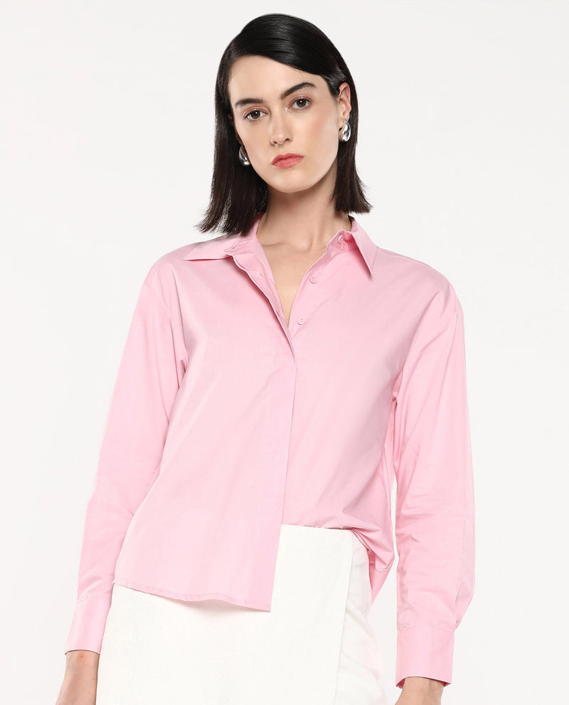 Rareism Women Fuhu Pink 60'S Poplin Fabric Cuffed Sleeve Collared Neck Button Closure Plain Shirt