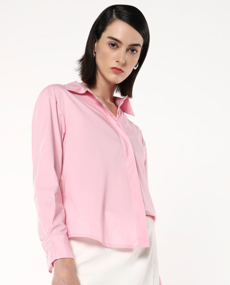 Rareism Women Fuhu Pink 60'S Poplin Fabric Cuffed Sleeve Collared Neck Button Closure Plain Shirt