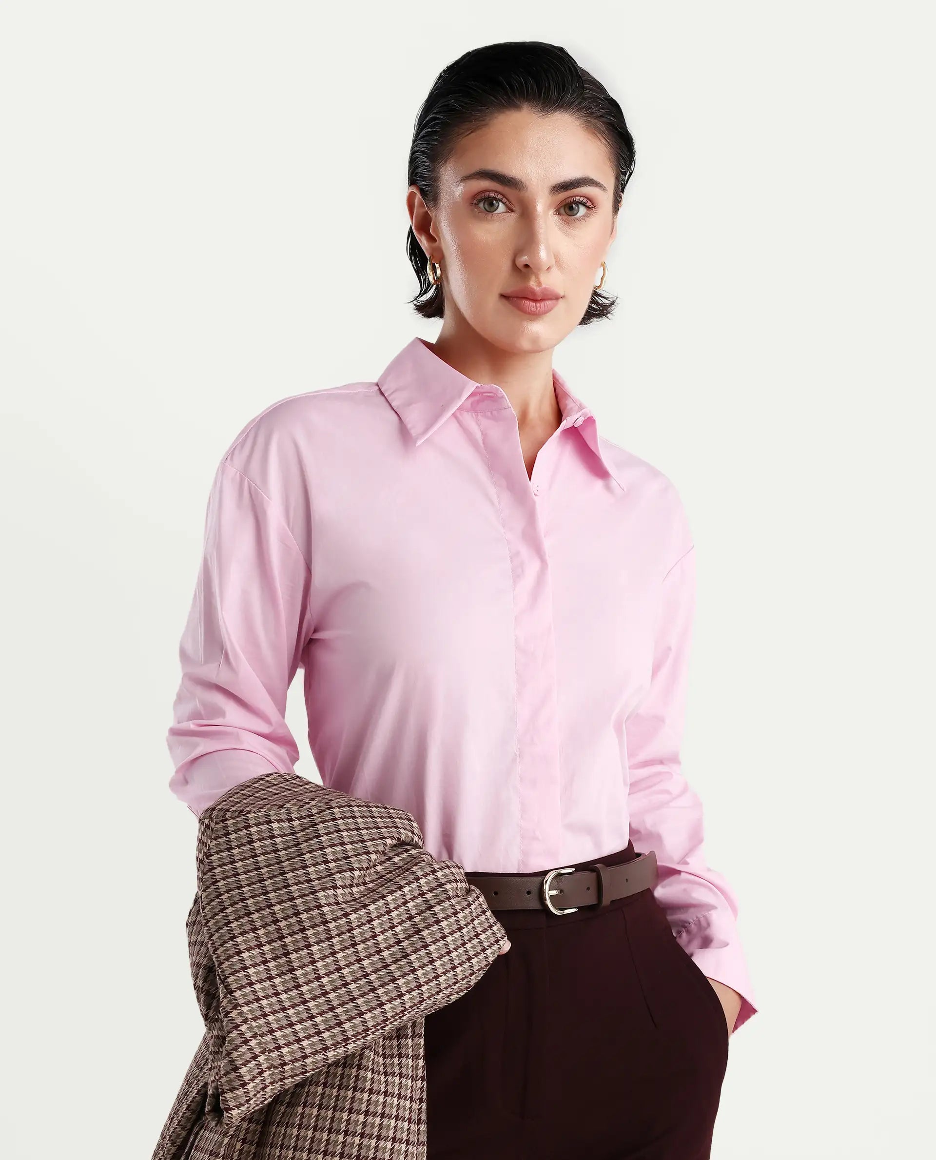 Rareism Women's Fuhu Pink Cotton Drop Collar Plain Cuffed Sleeve Regular Fit Shirt