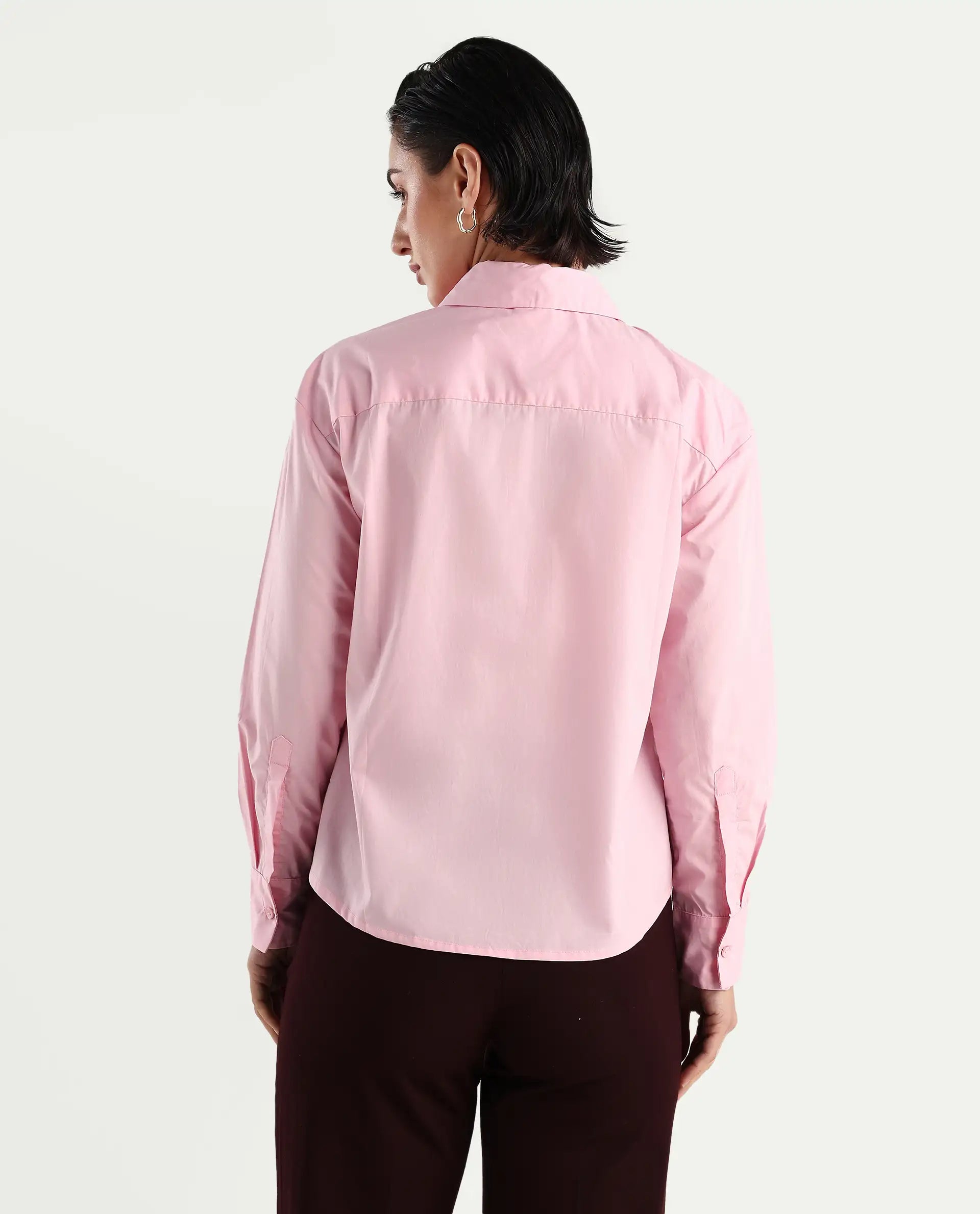 Rareism Women's Fuhu Pink Cotton Drop Collar Plain Cuffed Sleeve Regular Fit Shirt