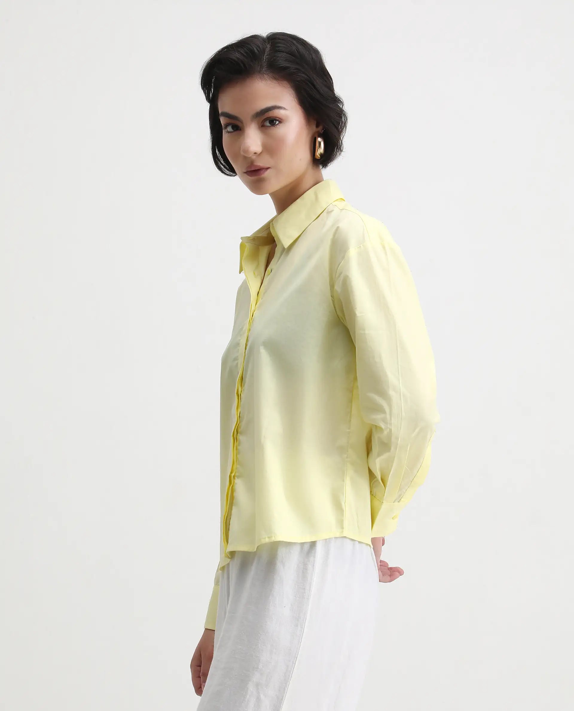 Rareism Women's Fuhu Yellow Cotton Spread Collar Plain Cuffed Sleeve Regular Fit Shirt