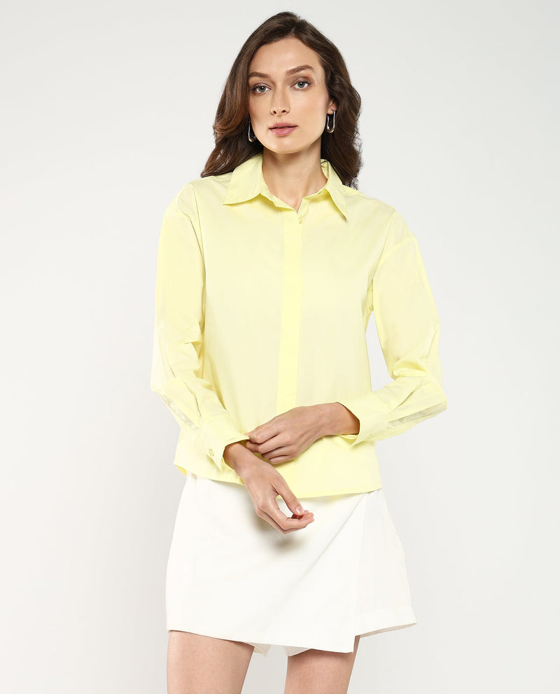 Rareism Women Fuhu Yellow Poplin Fabric Cuffed Sleeve Collared Neck Button Closure Plain Shirt