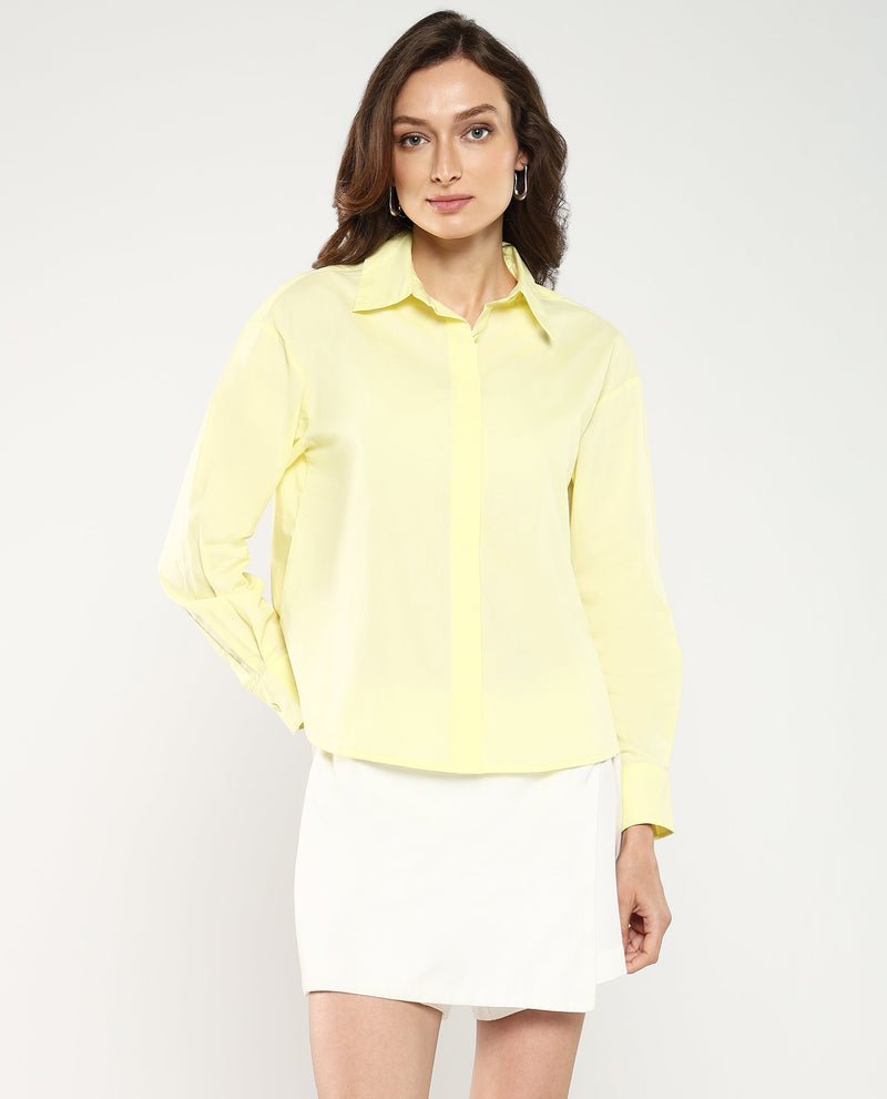 Rareism Women Fuhu Yellow Poplin Fabric Cuffed Sleeve Collared Neck Button Closure Plain Shirt