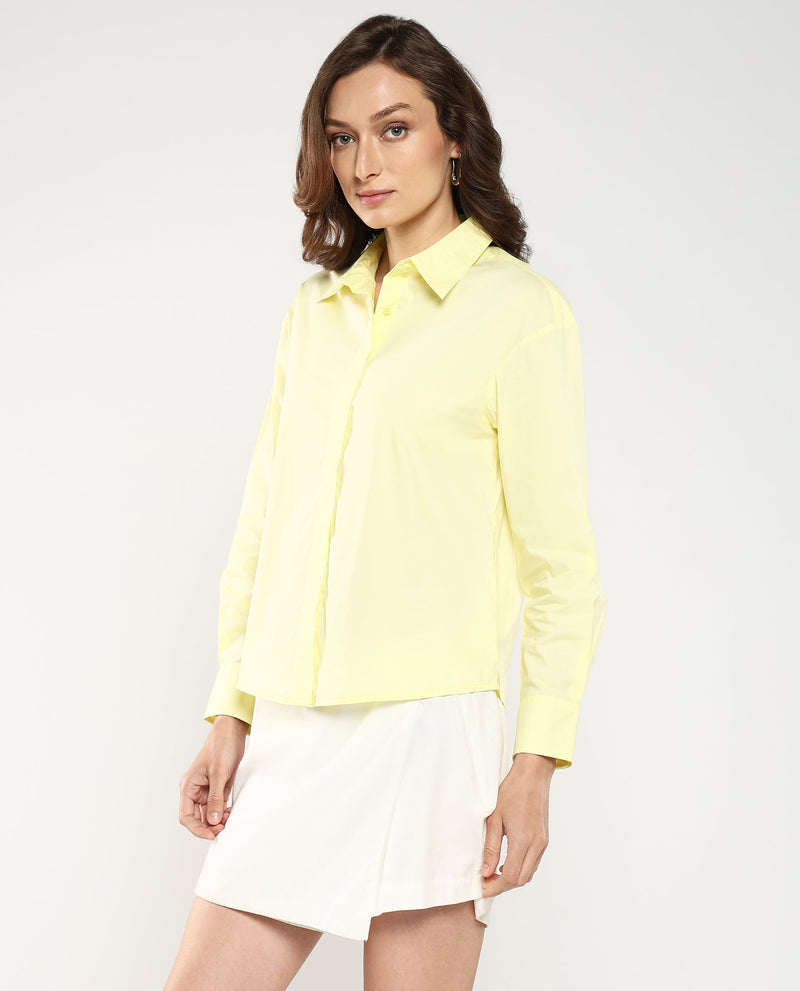 Rareism Women Fuhu Yellow Poplin Fabric Cuffed Sleeve Collared Neck Button Closure Plain Shirt