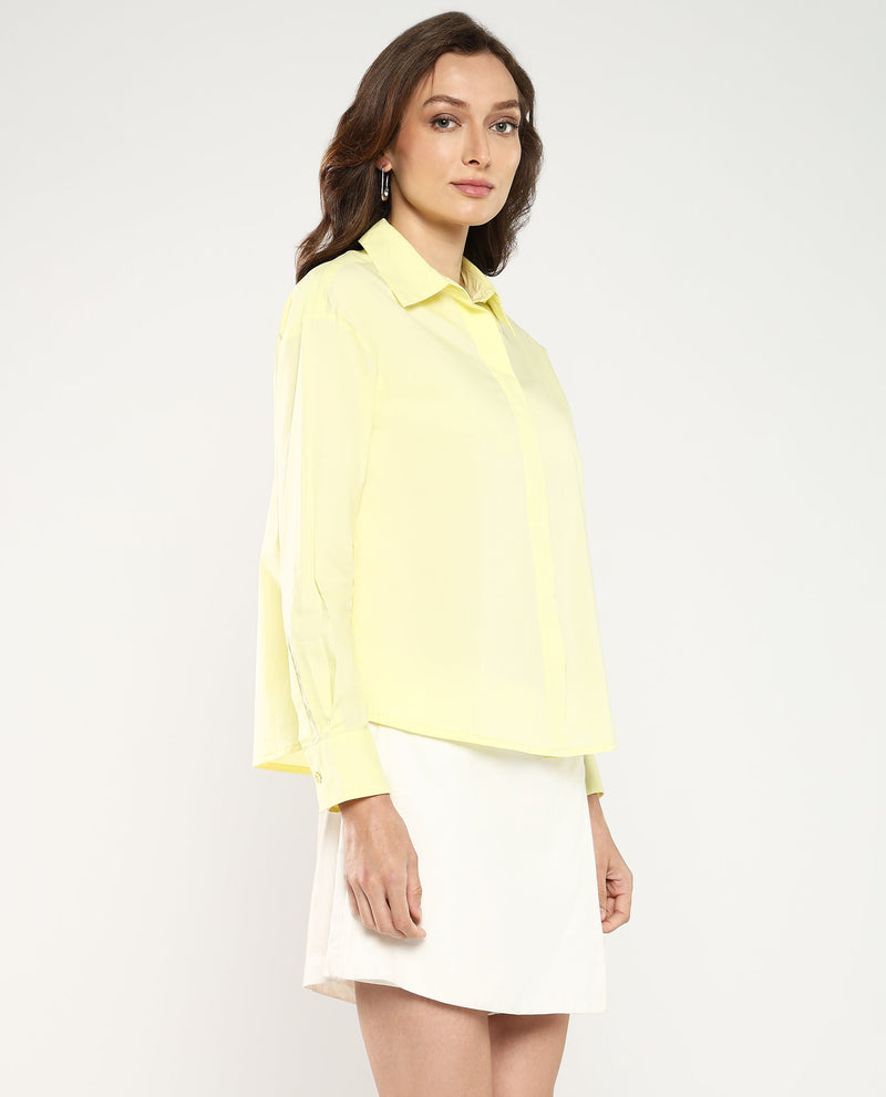 Rareism Women Fuhu Yellow Poplin Fabric Cuffed Sleeve Collared Neck Button Closure Plain Shirt