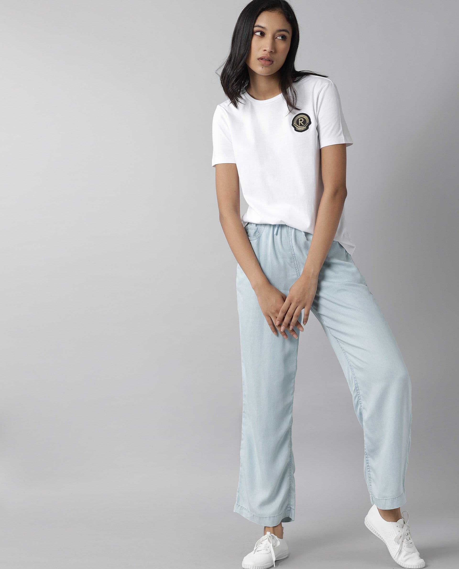 Rareism Women Lipo Light Blue Tencel Fabric Relaxed Fit High Rise Solid Ankle Length Trousers
