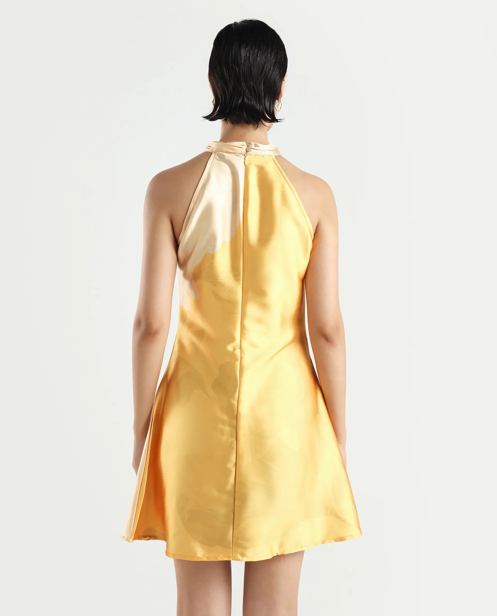 Rareism Women's Fumero Yellow Polyester Halter Neck Floral Print Sleeveless Mini Straight Fit Dress