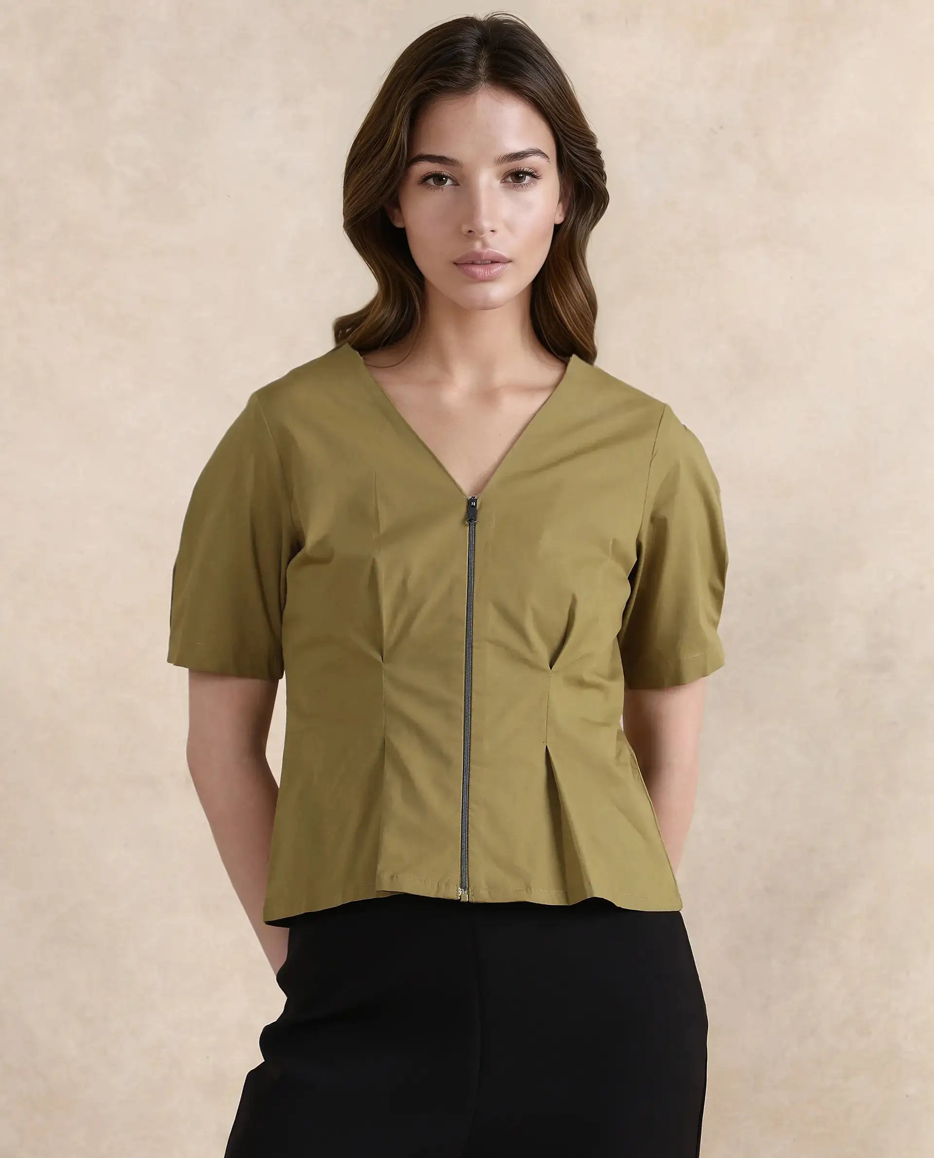 Rareism Women's Funit Dusky Olive Cotton Blend V-Neck Plain Fashion Sleeve Crop Regular Fit Top