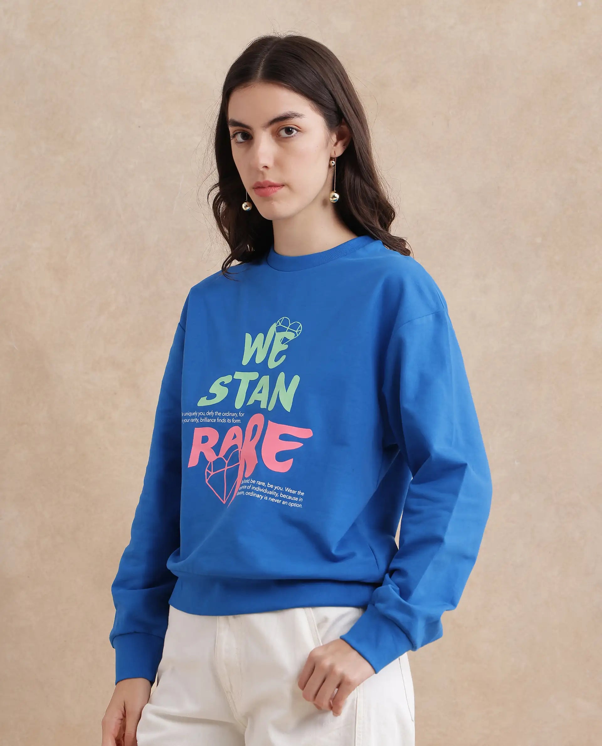 Rareism Women's Fuzer Blue Cotton Blend Crew Neck Graphic Print Relaxed Fit Sweatshirt