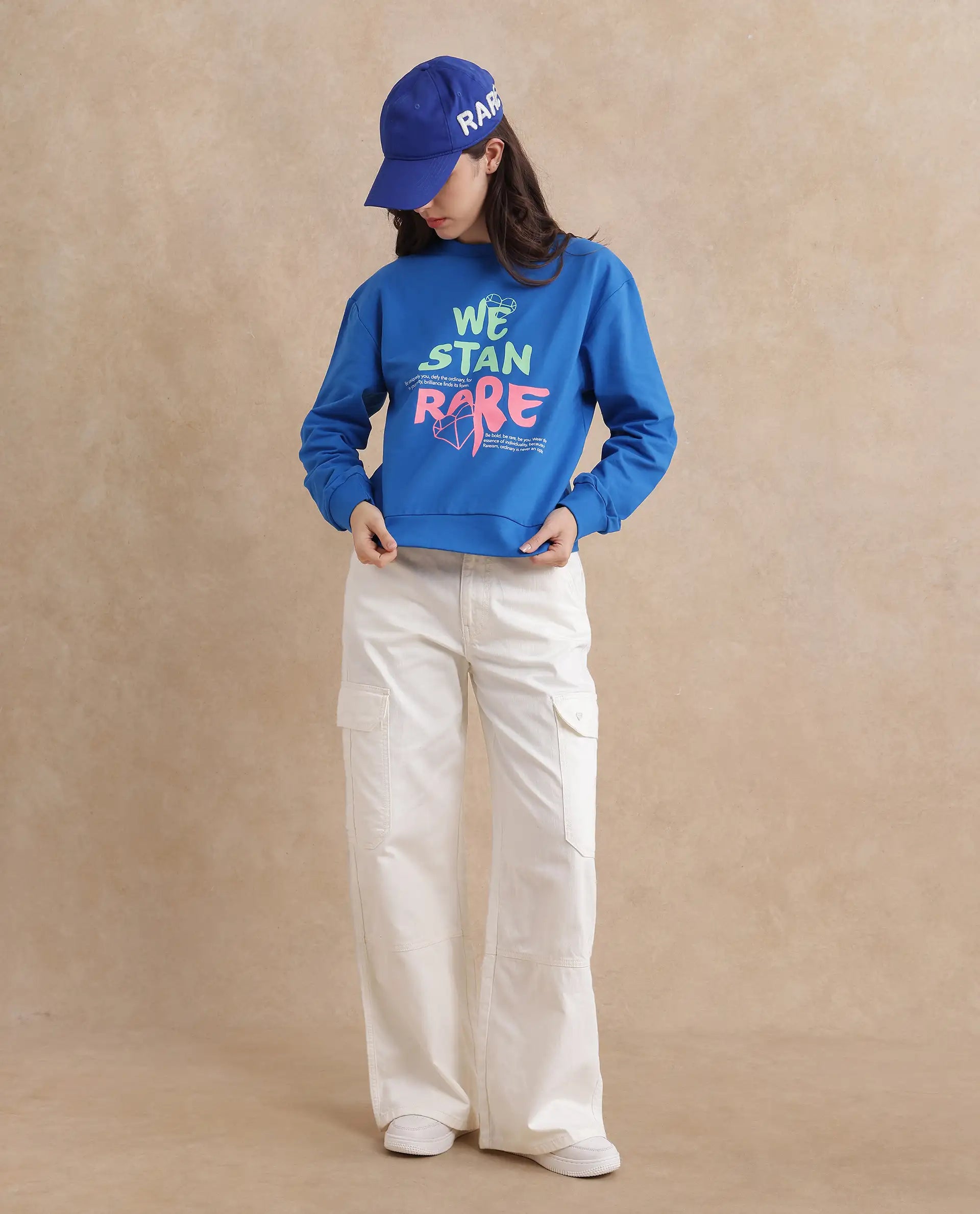 Rareism Women's Fuzer Blue Cotton Blend Crew Neck Graphic Print Relaxed Fit Sweatshirt