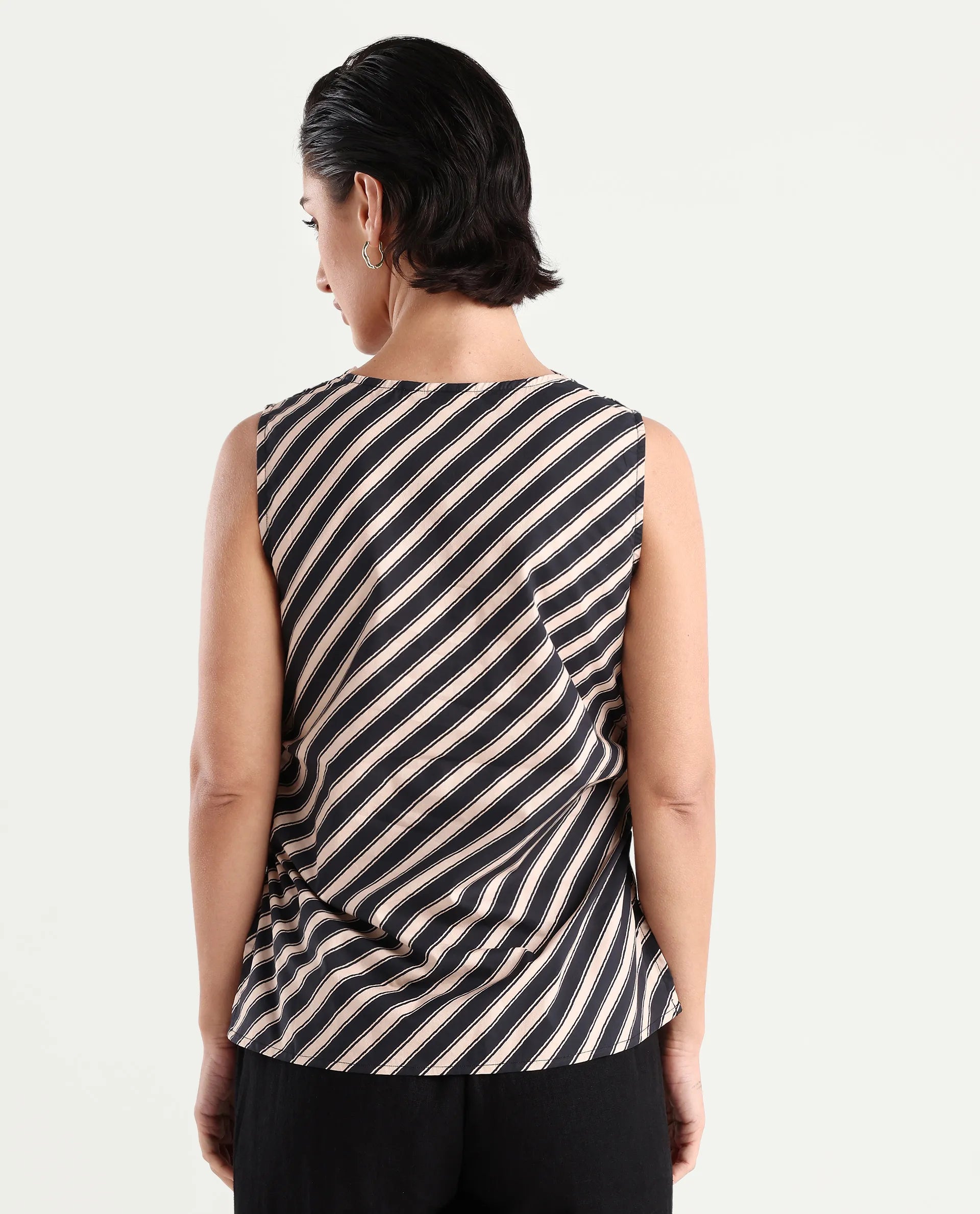 Rareism Women's Gaaro Black Poplin Cowl Neck Striped Sleeveless Regular Fit Top
