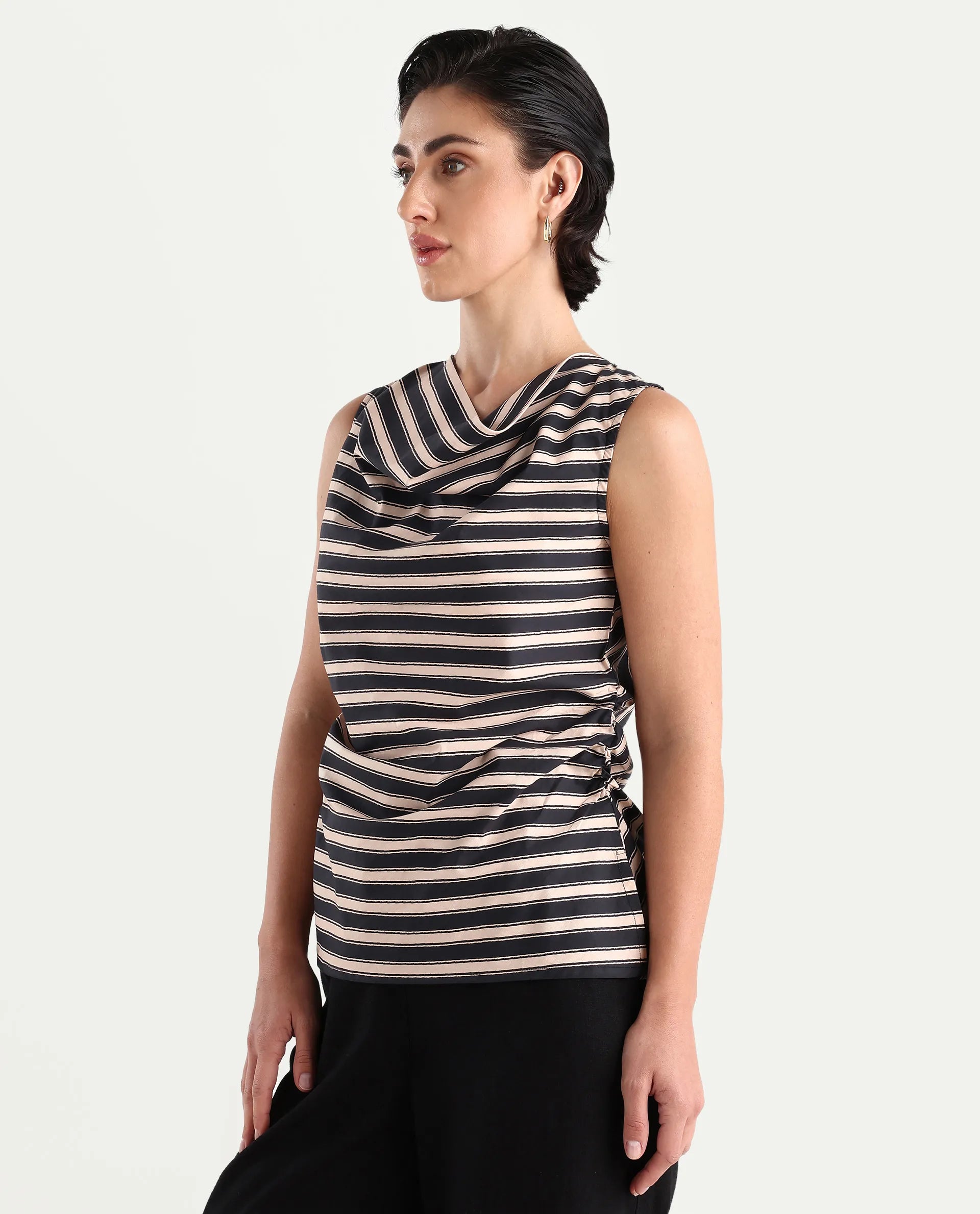 Rareism Women's Gaaro Black Poplin Cowl Neck Striped Sleeveless Regular Fit Top