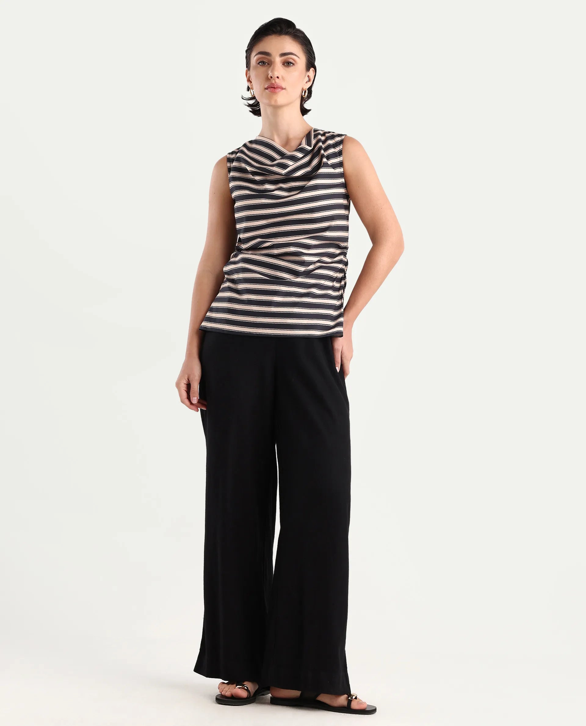 Rareism Women's Gaaro Black Poplin Cowl Neck Striped Sleeveless Regular Fit Top